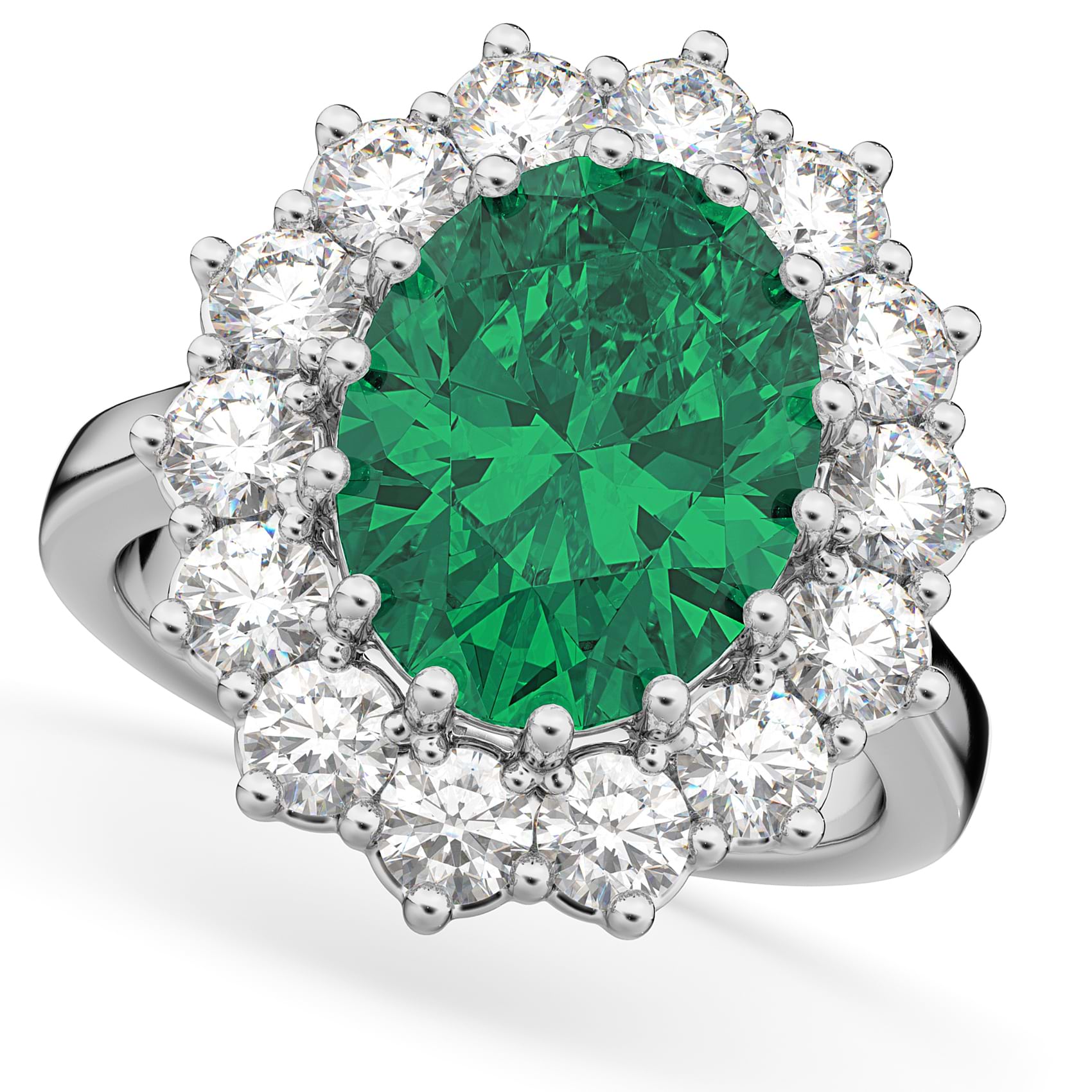 Oval Emerald & Diamond Halo Lady Di Ring 14k White Gold 6.40ct - AD1540