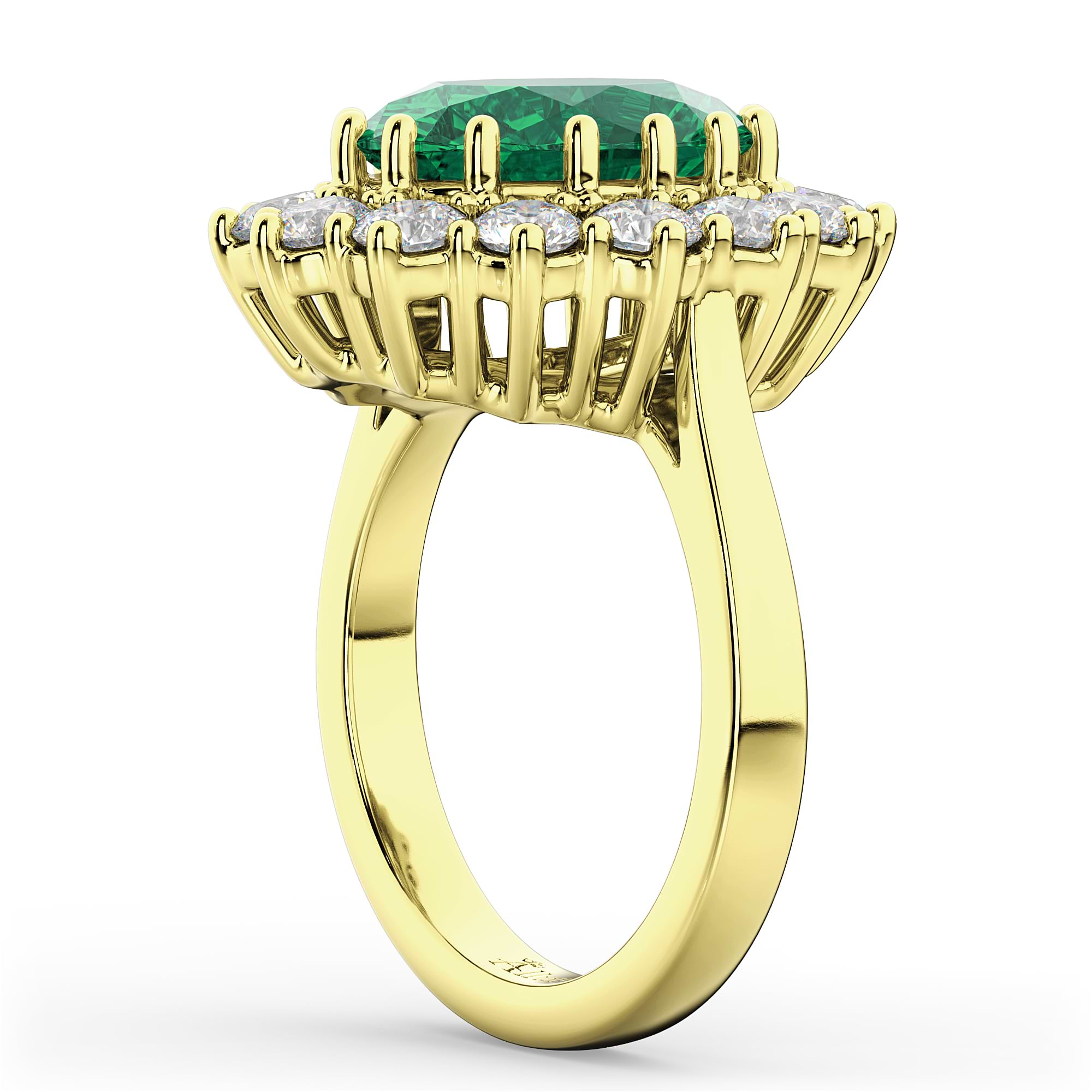 Oval Emerald & Diamond Halo Lady Di Ring 14k Yellow Gold 6.40ct