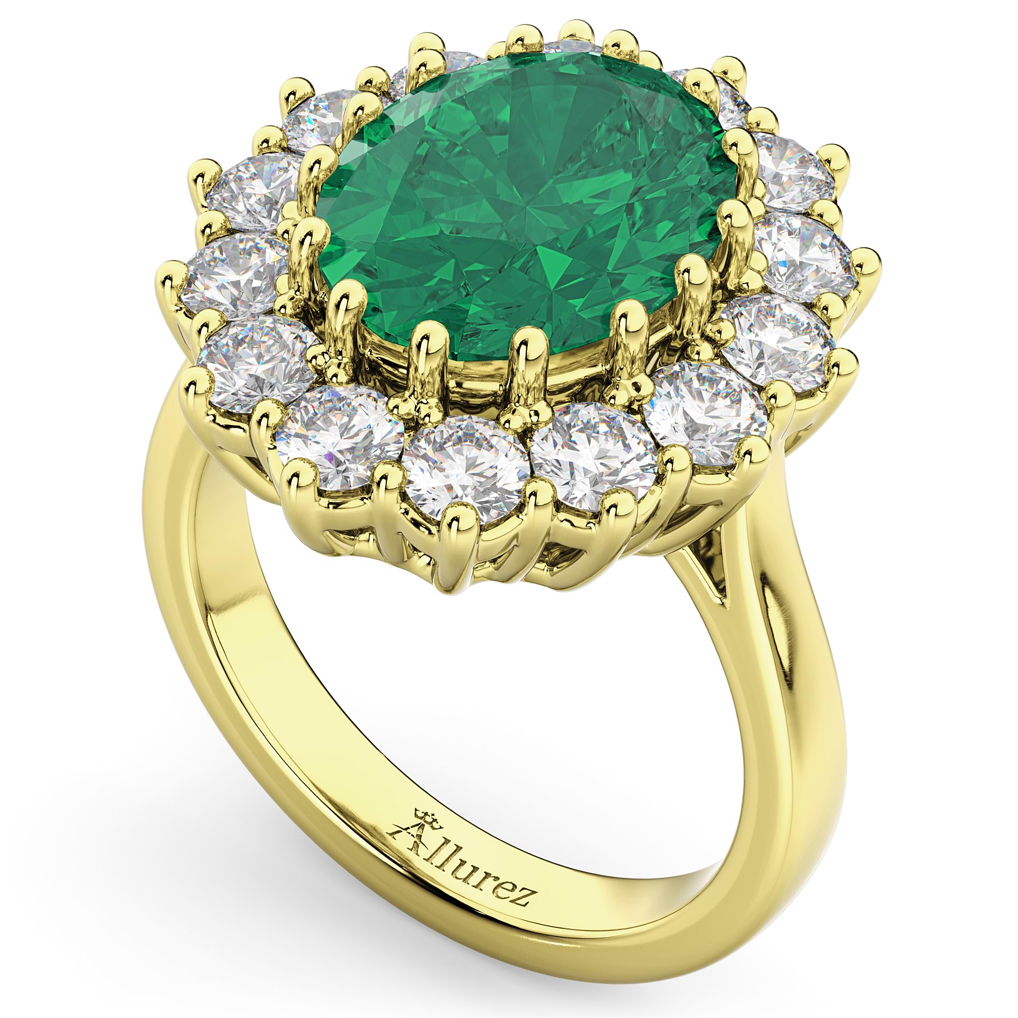 Oval Emerald & Diamond Halo Lady Di Ring 14k Yellow Gold 6.40ct - AD1541