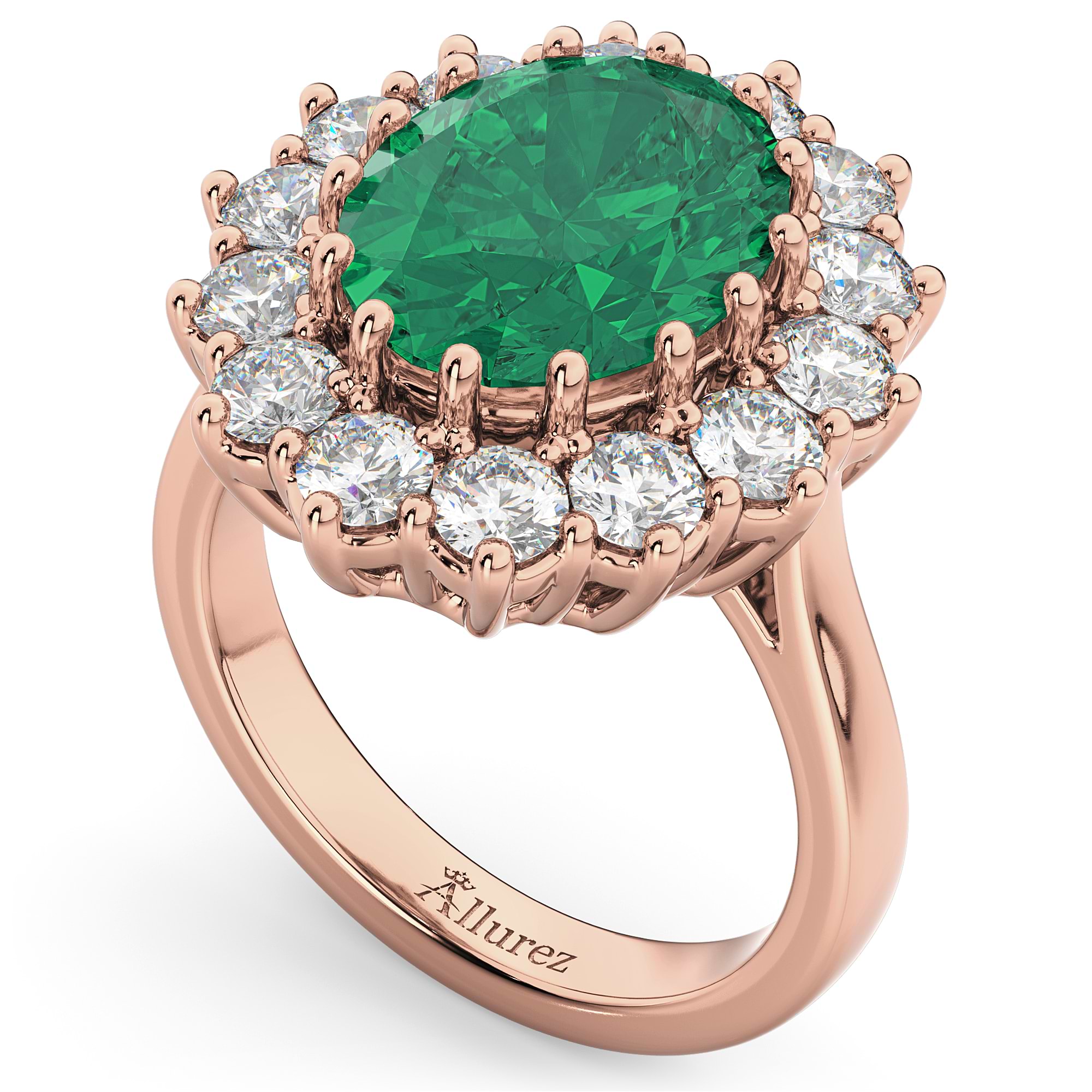 Oval Emerald & Diamond Halo Lady Di Ring 18k Rose Gold (6.40ct)