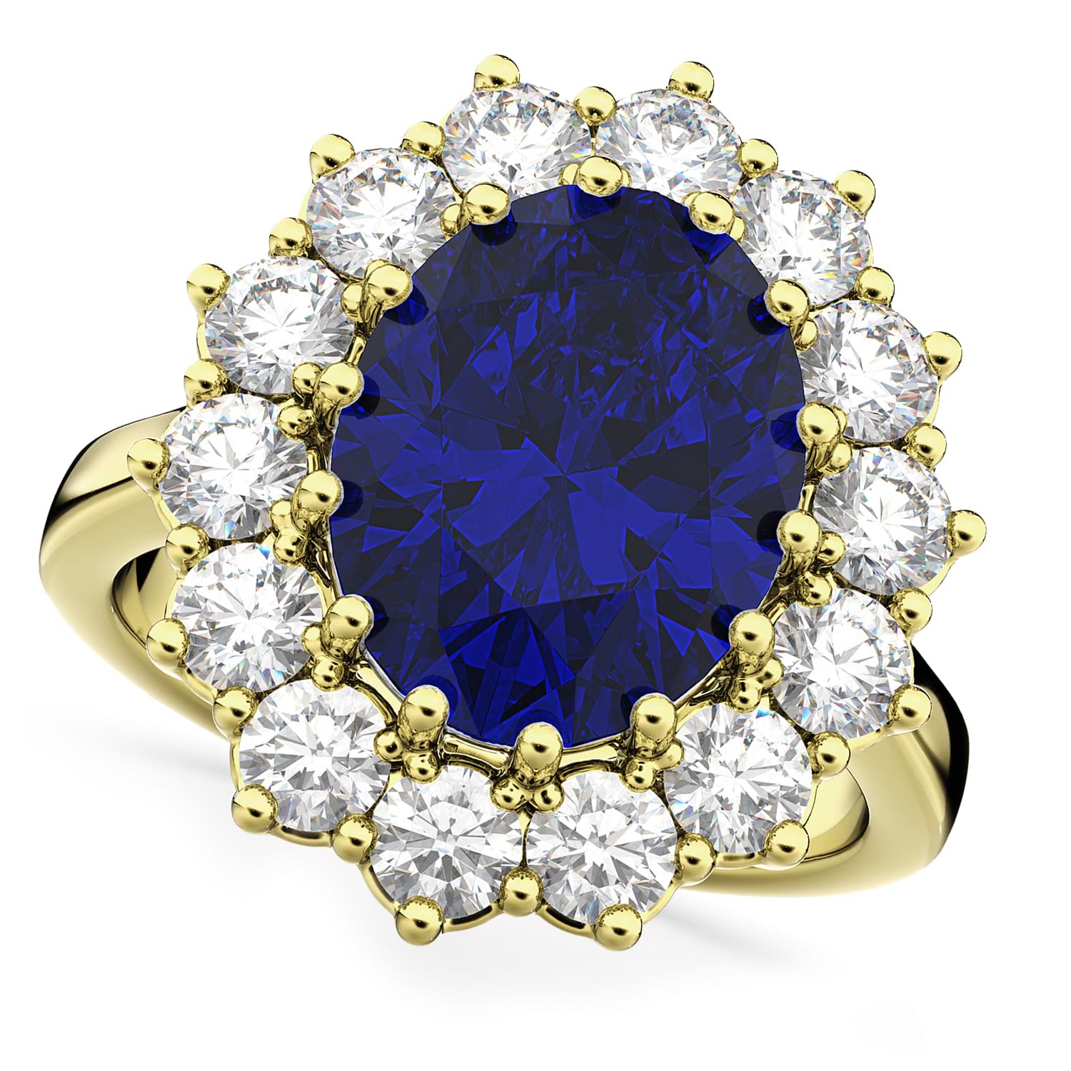 Oval Lab Blue Sapphire & Diamond Halo Lady Di Ring 14k Yellow Gold (6.40ct)