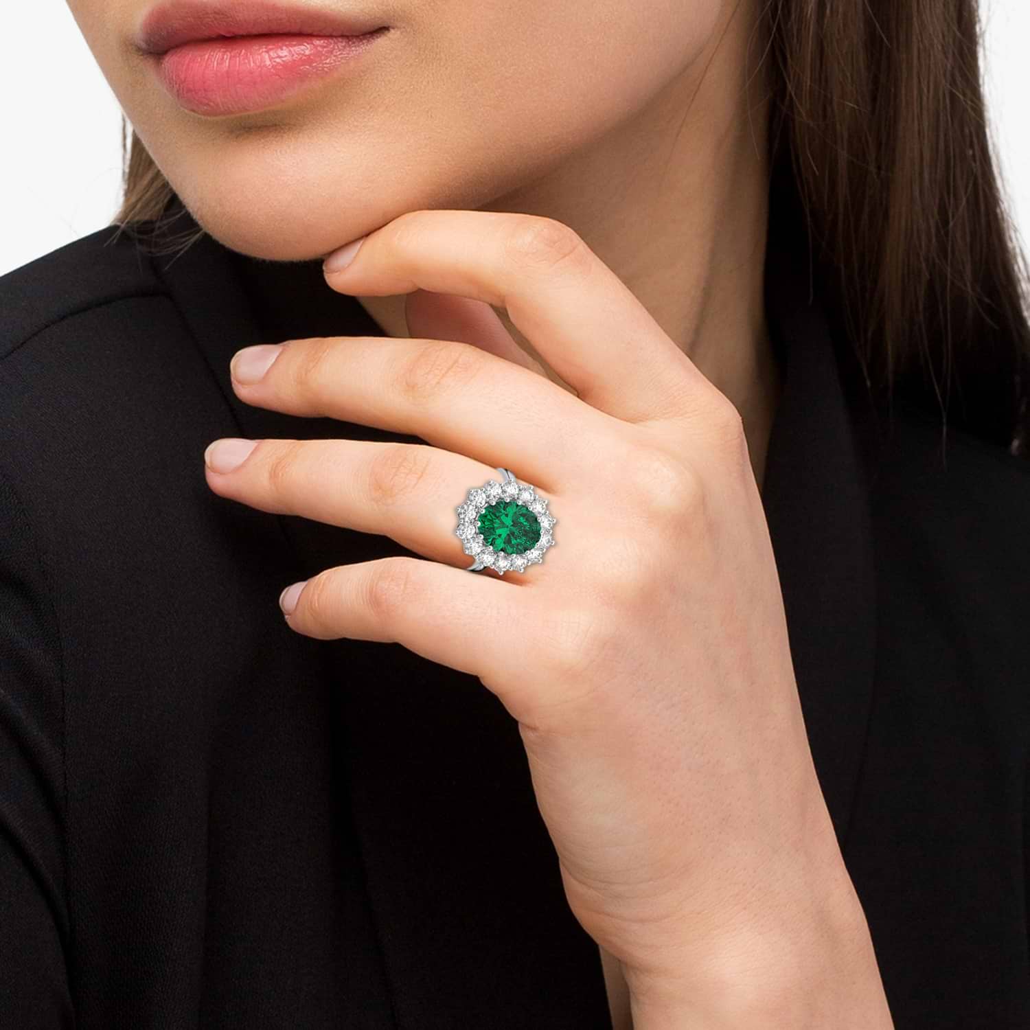 Oval Lab Emerald & Diamond Halo Lady Di Ring 14k White Gold (6.40ct)