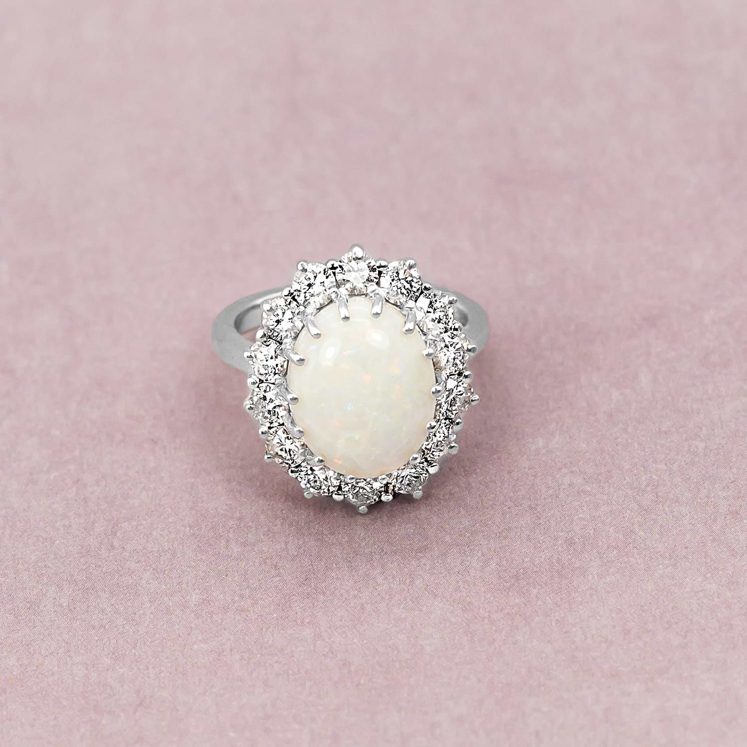 Oval Opal & Diamond Halo Lady Di Ring 14k White Gold (6.40ct)