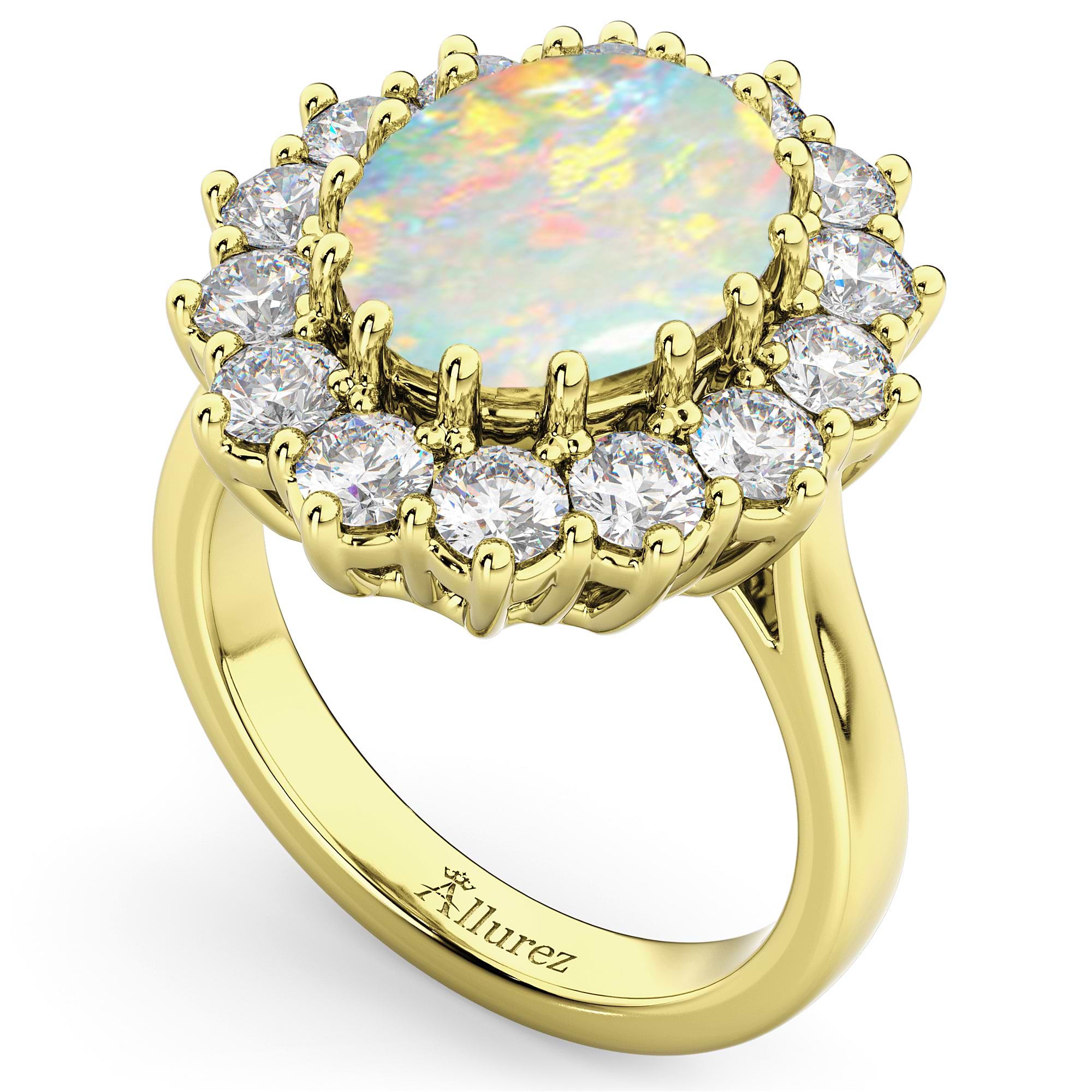 Oval Opal & Diamond Halo Lady Di Ring 14k Yellow Gold (6.40ct)