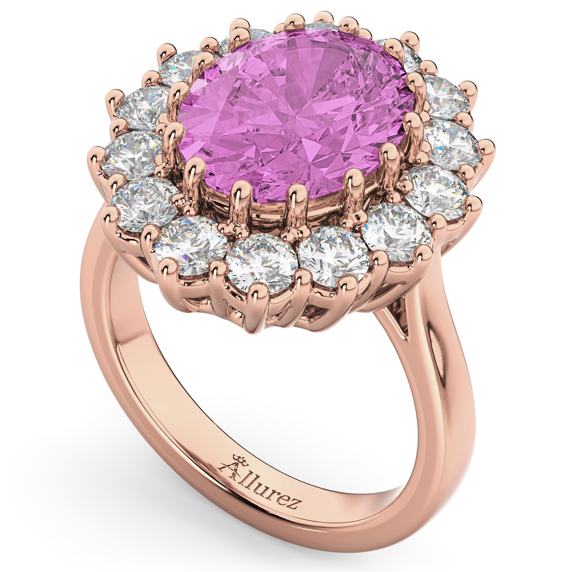 Oval Pink Sapphire & Diamond Halo Lady Di Ring 18k Rose Gold (6.40ct)