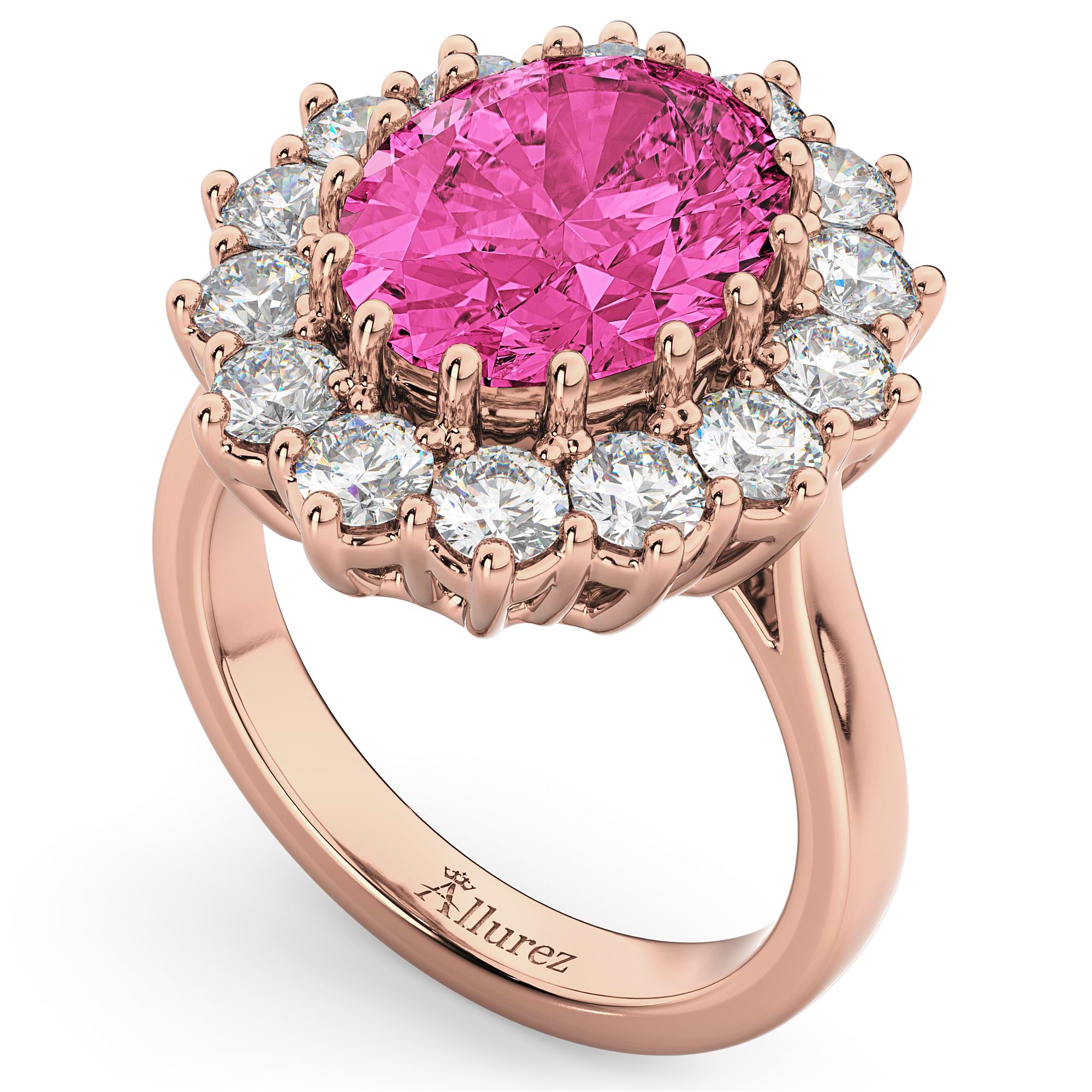 Oval Pink Tourmaline & Diamond Halo Lady Di Ring 14k Rose Gold (6.40ct)