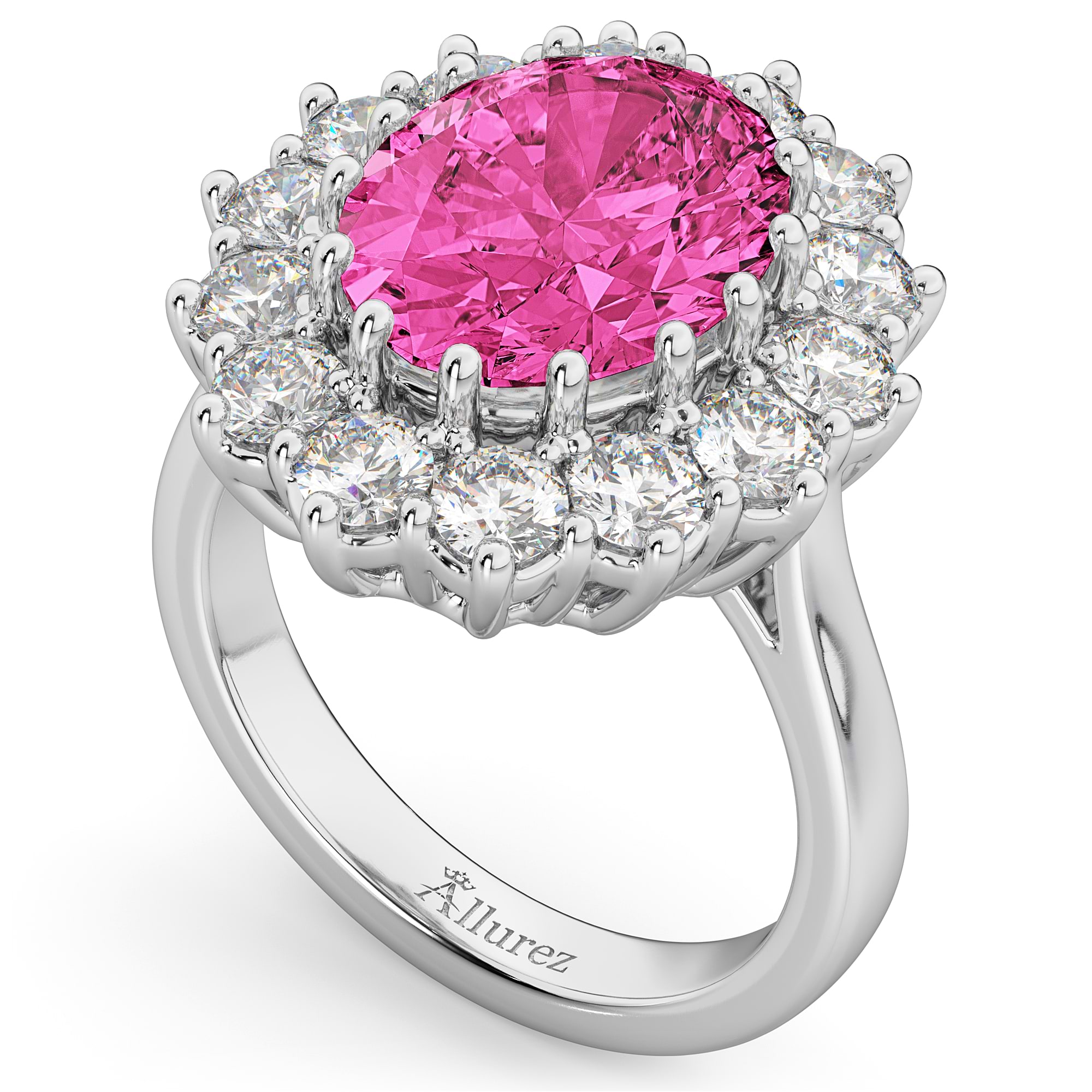 Oval Pink Tourmaline & Diamond Halo Lady Di Ring 14k White Gold (6.40ct)