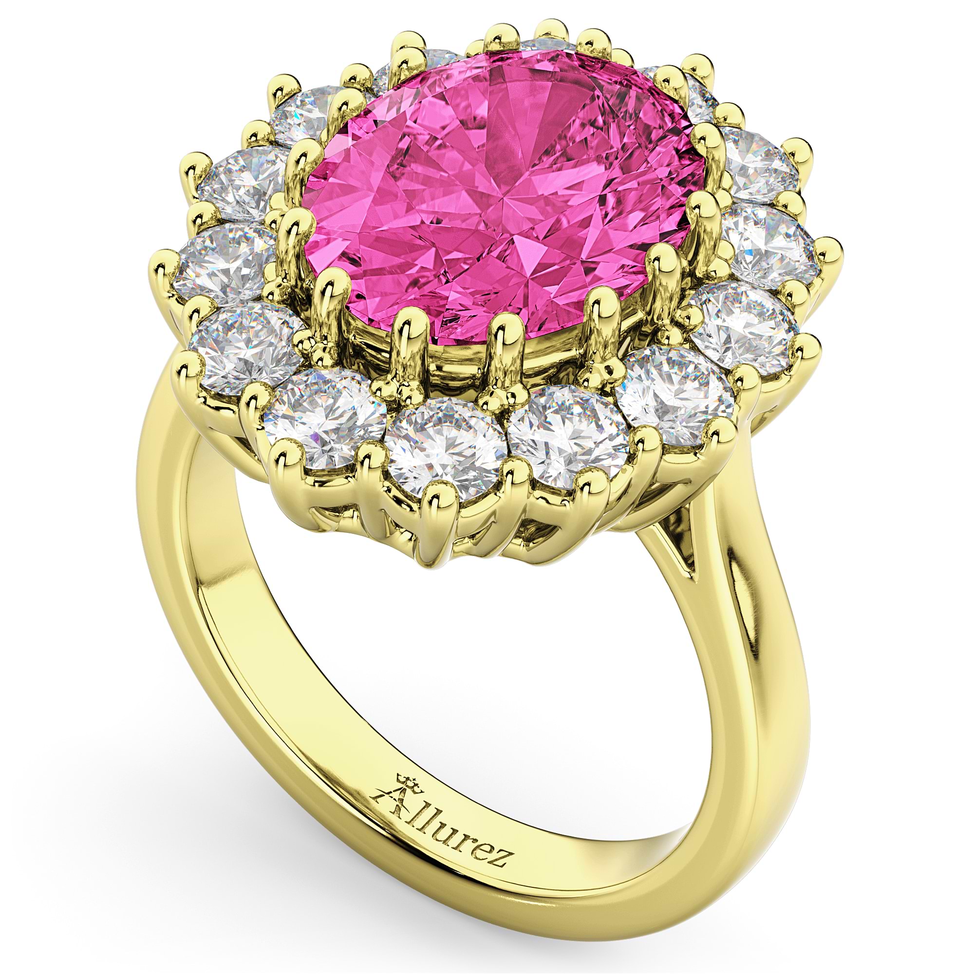 Oval Pink Tourmaline & Diamond Halo Lady Di Ring 14k Yellow Gold (6.40ct)