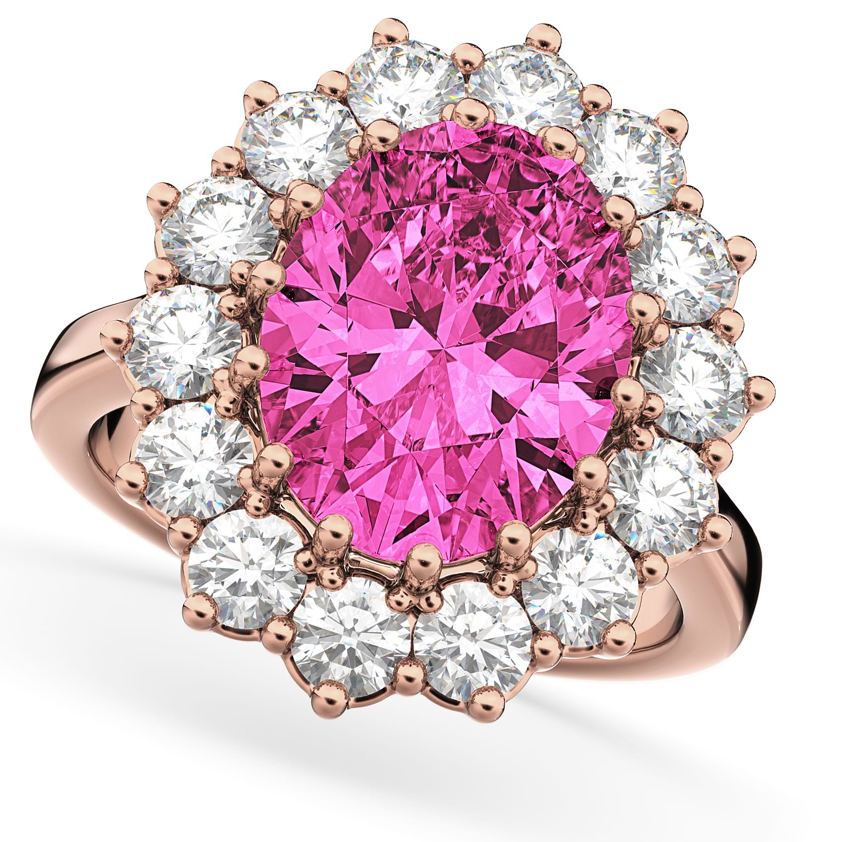 Oval Pink Tourmaline & Diamond Halo Lady Di Ring 18k Rose Gold (6.40ct)