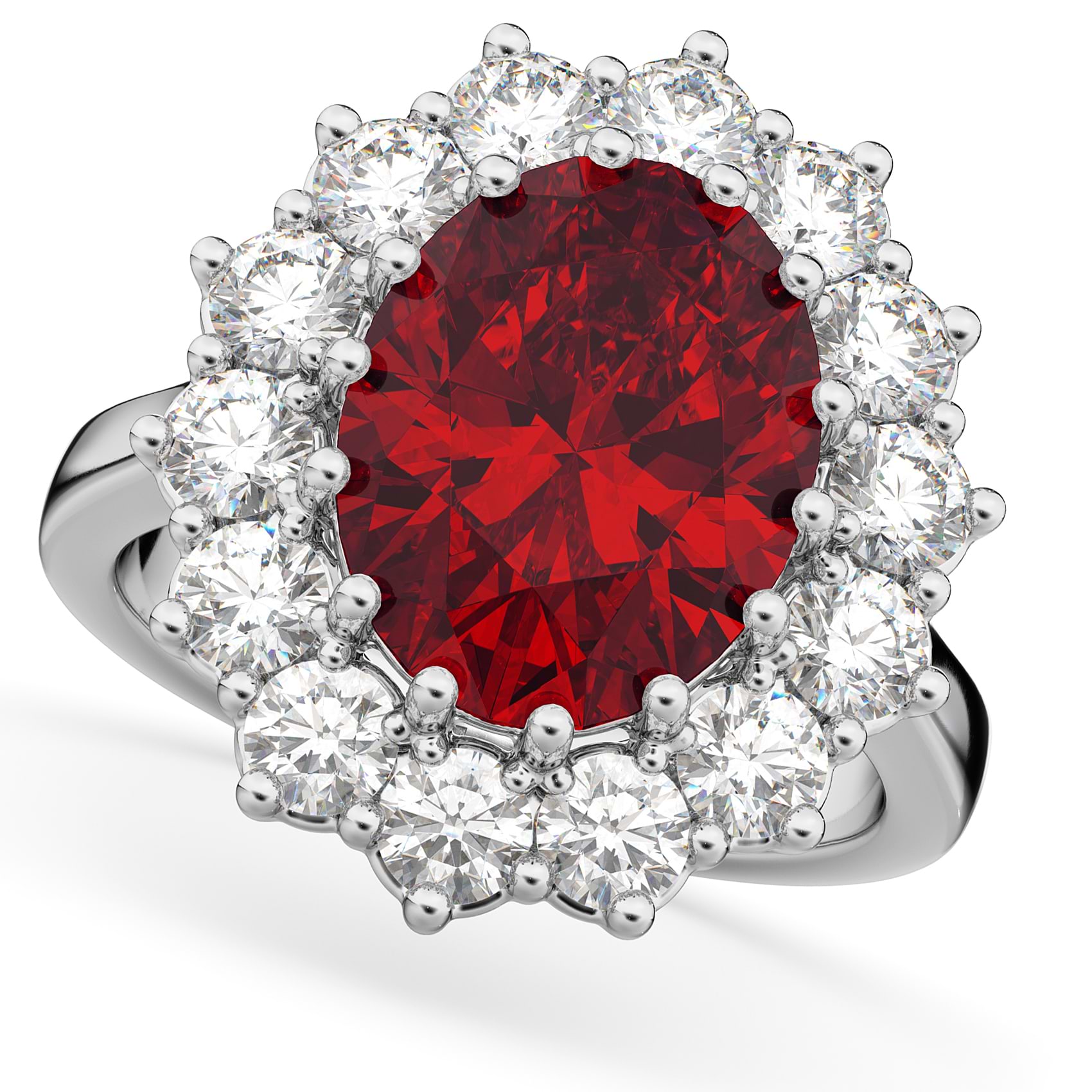 Oval Ruby & Diamond Halo Lady Di Ring 18k White Gold (6.40ct)
