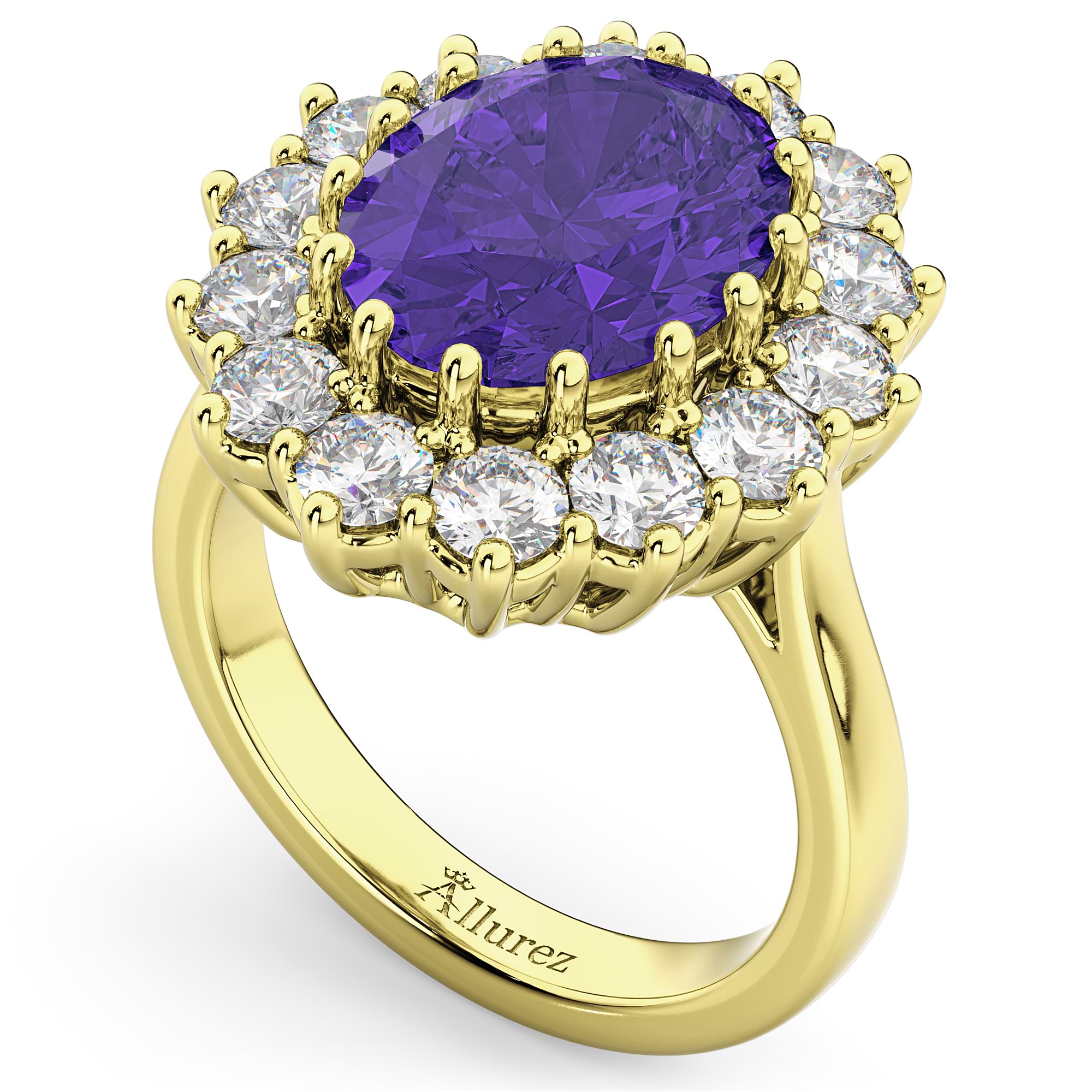 Oval Tanzanite & Diamond Halo Lady Di Ring 14k Yellow Gold (6.40ct)