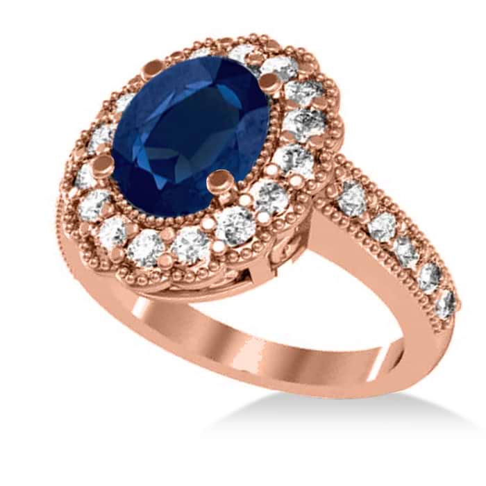 Blue Sapphire & Diamond Oval Halo Engagement Ring 14k Rose Gold (3.28ct)