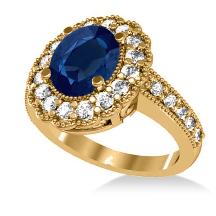 Blue Sapphire & Diamond Oval Halo Engagement Ring 14k Yellow Gold (3.28ct)
