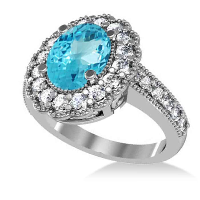 Blue Topaz & Diamond Oval Halo Engagement Ring 14k White Gold (3.28ct)