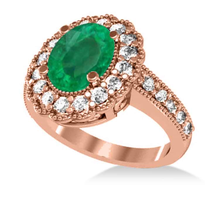 Emerald & Diamond Oval Halo Engagement Ring 14k Rose Gold (3.28ct)