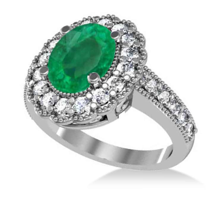 Emerald & Diamond Oval Halo Engagement Ring 14k White Gold (3.28ct)