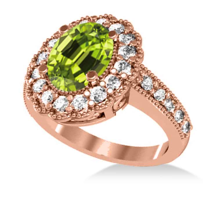 Peridot & Diamond Oval Halo Engagement Ring 14k Rose Gold (3.28ct)