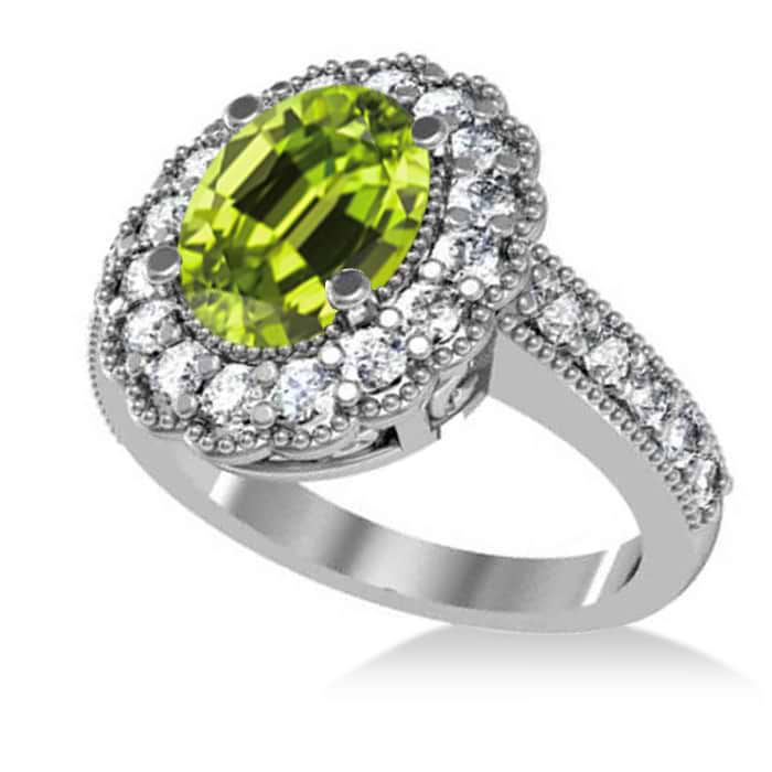 Peridot & Diamond Oval Halo Engagement Ring 14k White Gold (3.28ct)