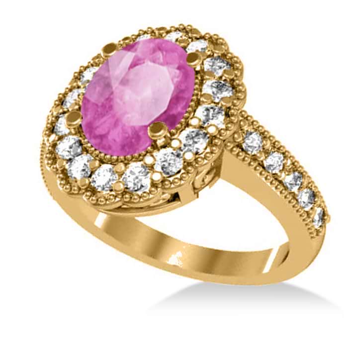 Pink Sapphire & Diamond Oval Halo Engagement Ring 14k Yellow Gold (3.28ct)