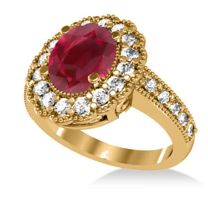 Ruby & Diamond Oval Halo Engagement Ring 14k Yellow Gold (3.28ct)