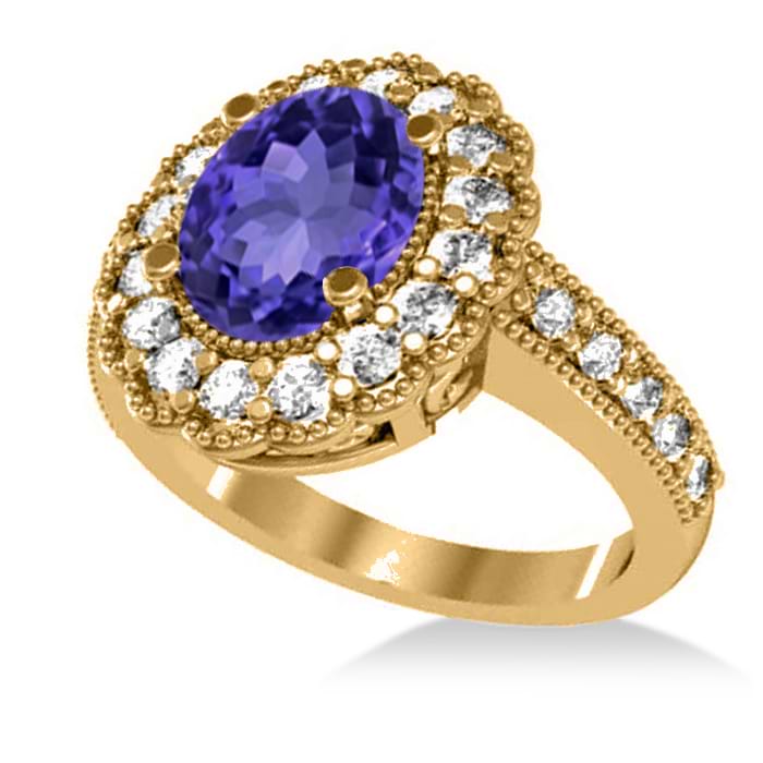 Tanzanite & Diamond Oval Halo Engagement Ring 14k Yellow Gold (3.28ct)
