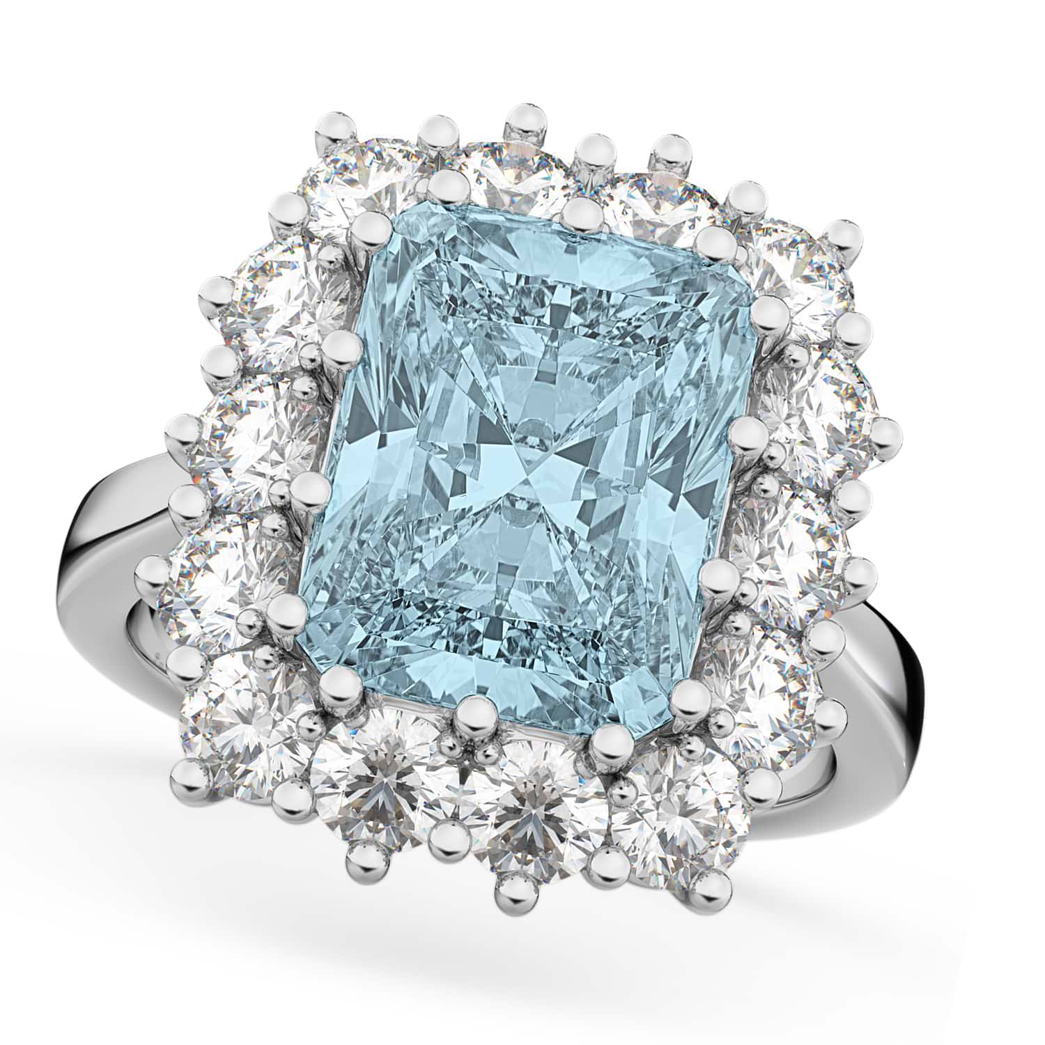 Emerald Cut Aquamarine & Diamond Lady Di Ring 18k White Gold (5.68ct)