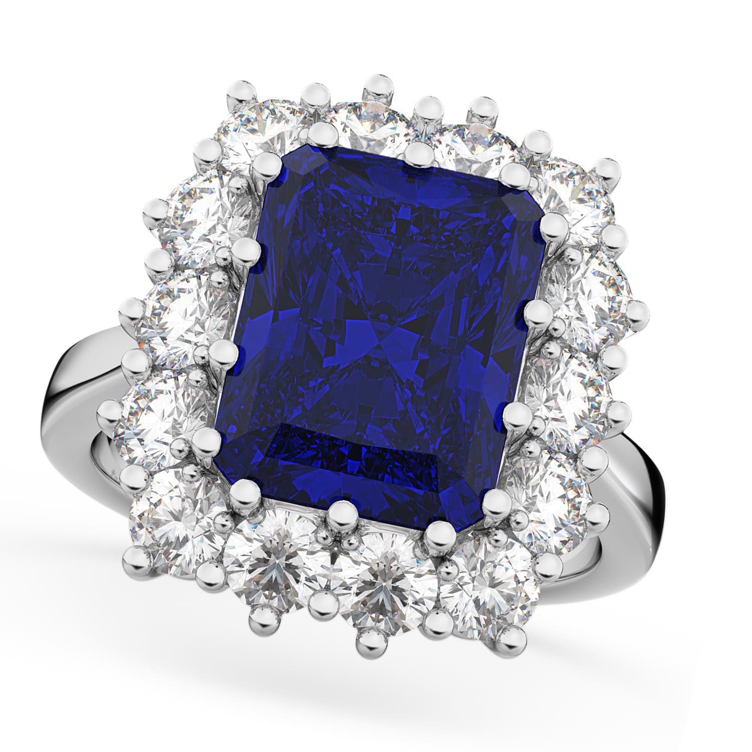Emerald Cut Lab Blue Sapphire & Diamond Lady Di Ring 14k White Gold 5.68ct