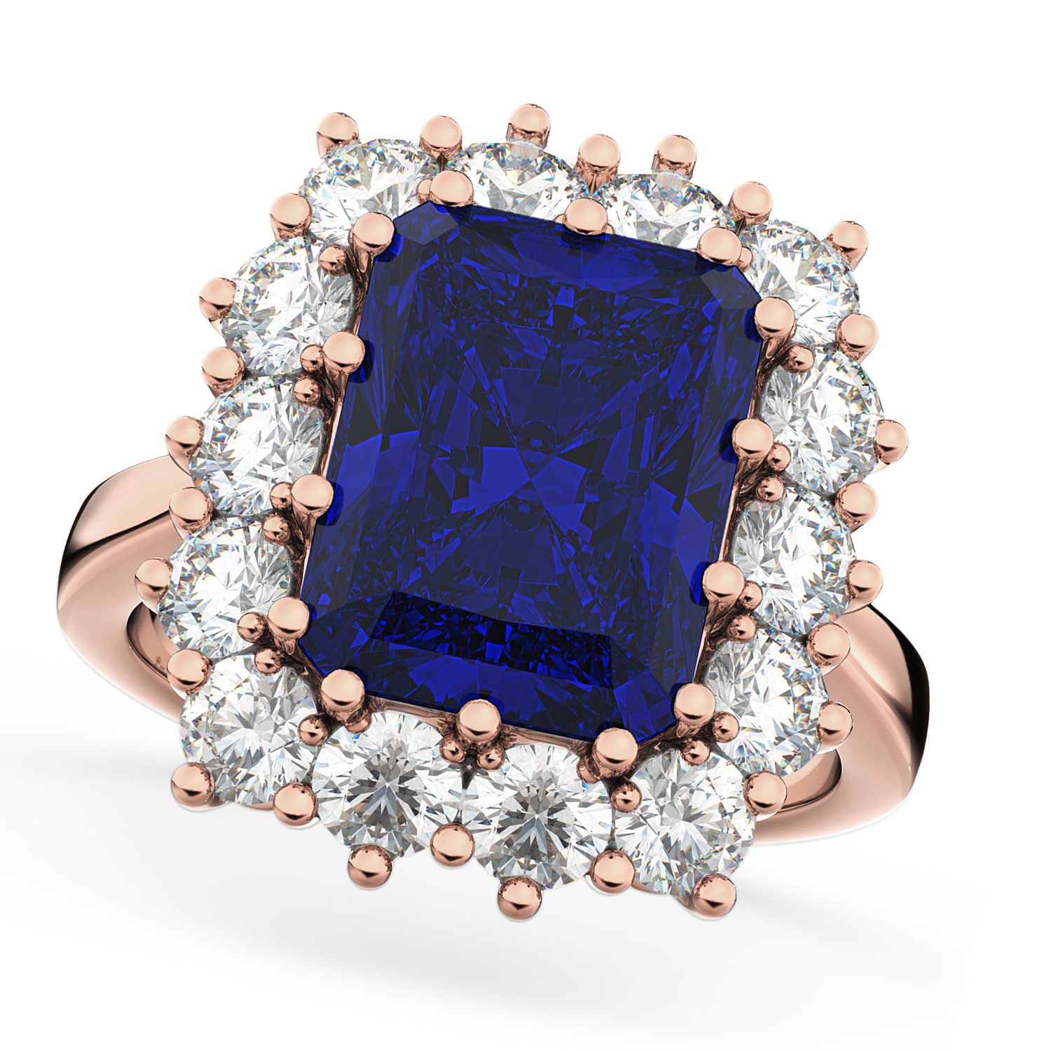 Emerald Cut Blue Sapphire & Diamond Lady Di Ring 18k Rose Gold 5.68ct