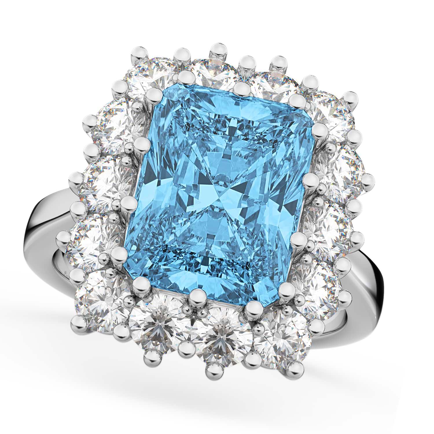 Emerald Cut Blue Topaz & Diamond Lady Di Ring 14k White Gold (5.68ct)