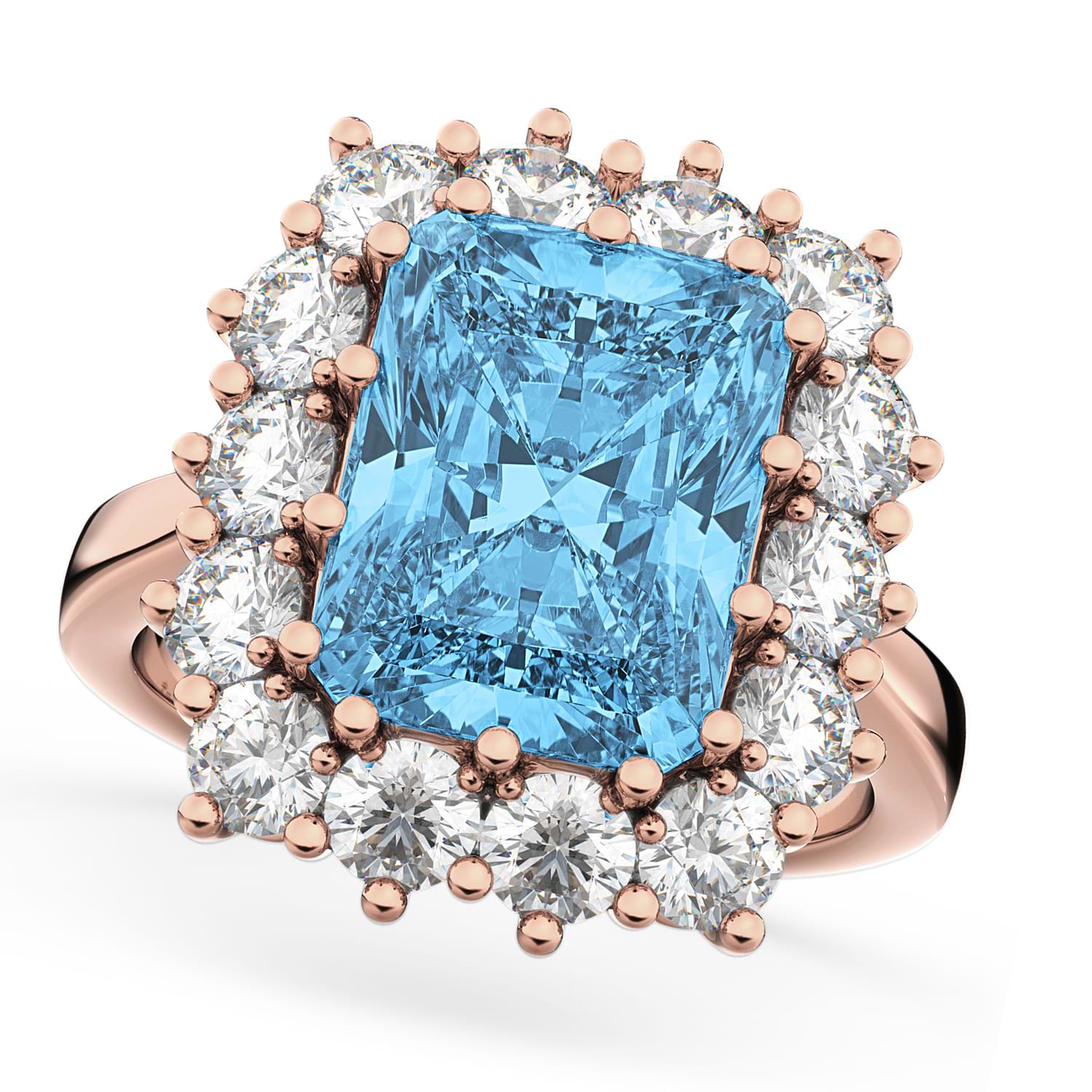 Emerald Cut Blue Topaz & Diamond Lady Di Ring 18k Rose Gold (5.68ct)