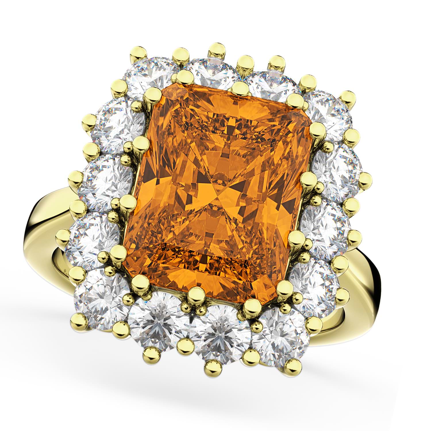 Emerald Cut Citrine & Diamond Lady Di Ring 18k Yellow Gold (5.68ct)