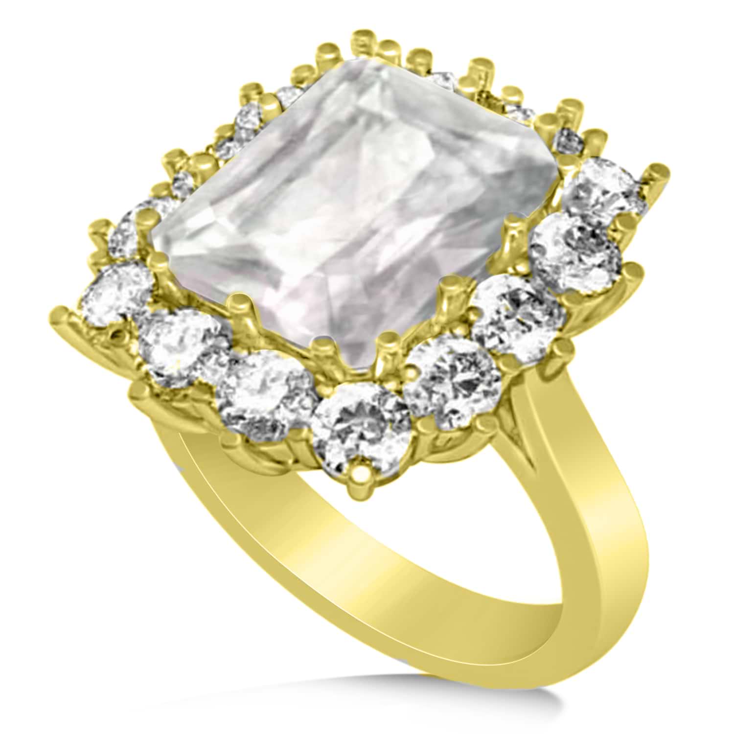 Emerald Cut White Topaz & Diamond Lady Di Ring 14k Yellow Gold 5.68ct