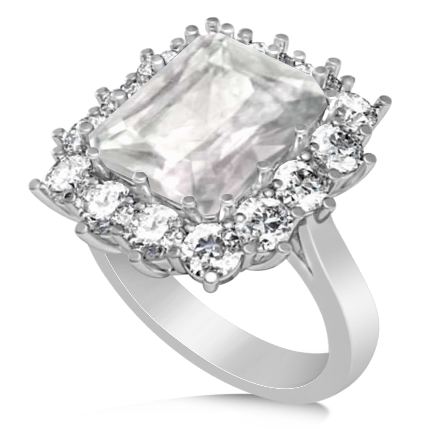 Emerald Cut White Topaz & Diamond Lady Di Ring 18k White Gold (5.68ct)