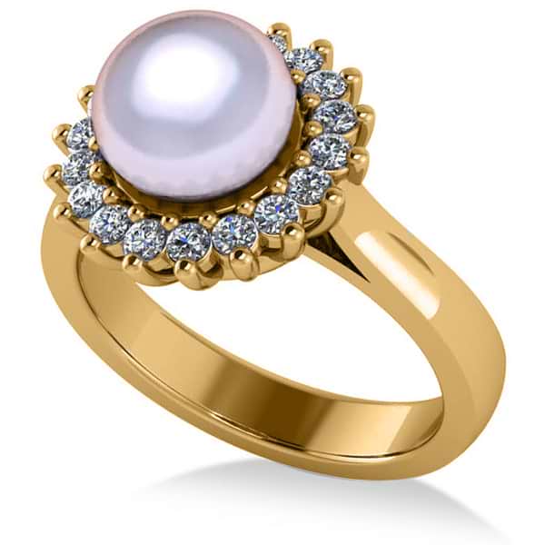 Pearl & Diamond Halo Engagement Ring 14k Yellow Gold 8mm (0.36ct)