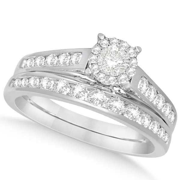 Channel Halo Diamond Engagement Ring Bridal Set 14K White Gold 1.03ct