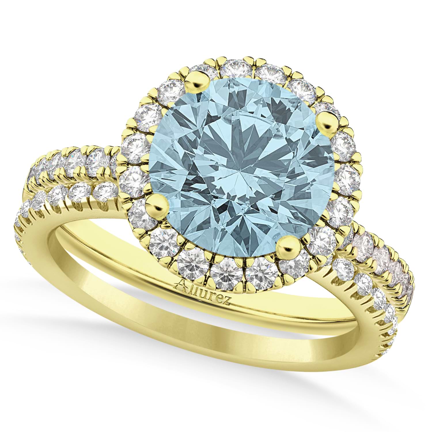 Aquamarine & Diamond Round-Cut Halo Bridal Set 18K Yellow Gold (2.97ct)