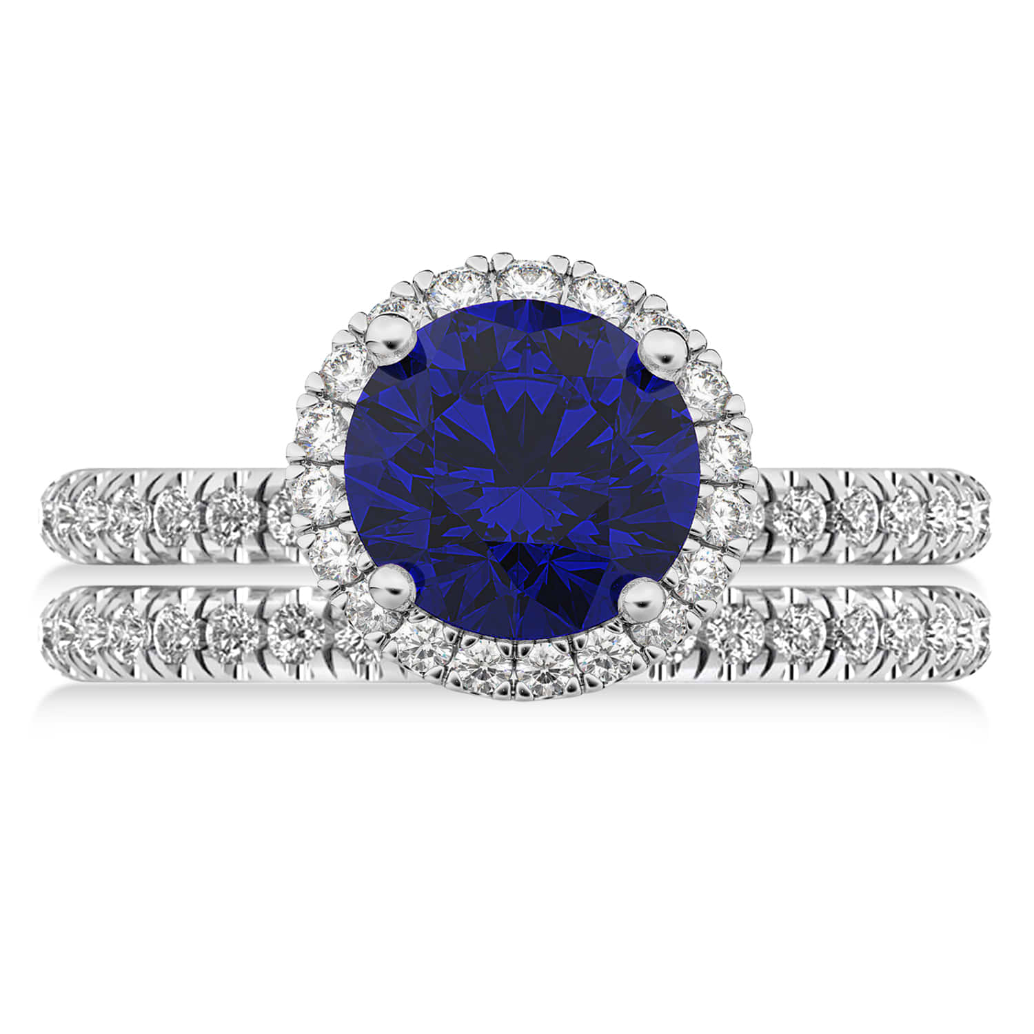 Blue Sapphire & Diamond Round-Cut Halo Bridal Set 14K White Gold (3.07ct)