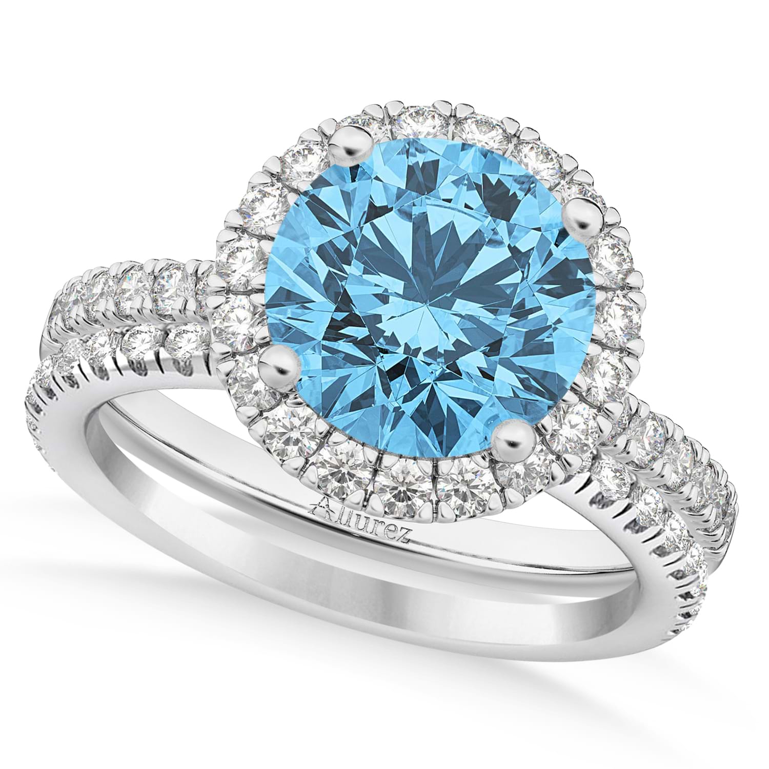 Blue Topaz & Diamond Round-Cut Halo Bridal Set Palladium (3.27ct)