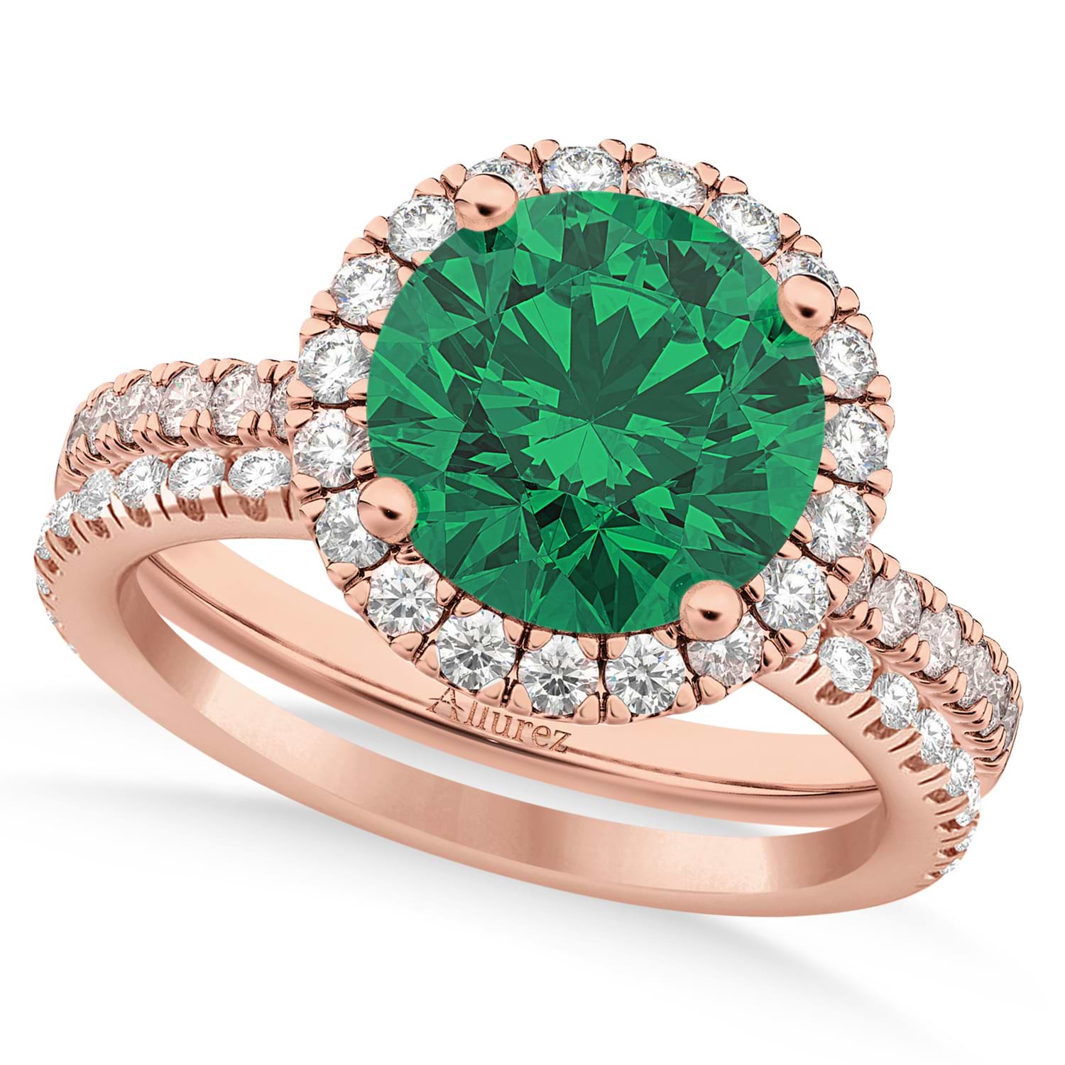 Emerald & Diamond Round-Cut Halo Bridal Set 14K Rose Gold (3.07ct)