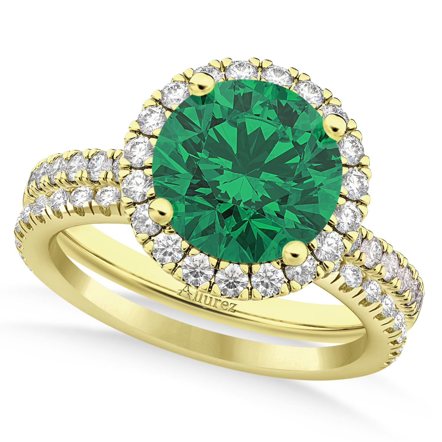 Emerald & Diamond Round-Cut Halo Bridal Set 14K Yellow Gold (3.07ct)