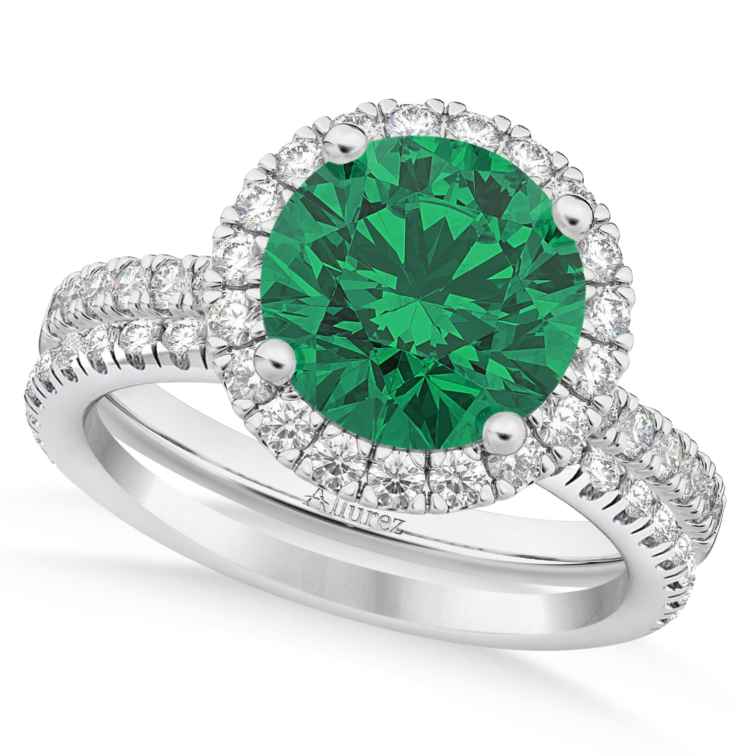 Emerald & Diamond Round-Cut Halo Bridal Set 18K White Gold (3.07ct)