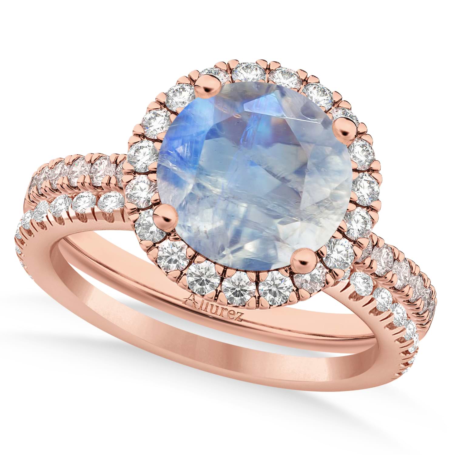Moonstone & Diamond Round-Cut Halo Bridal Set 18K Rose Gold (3.17ct)