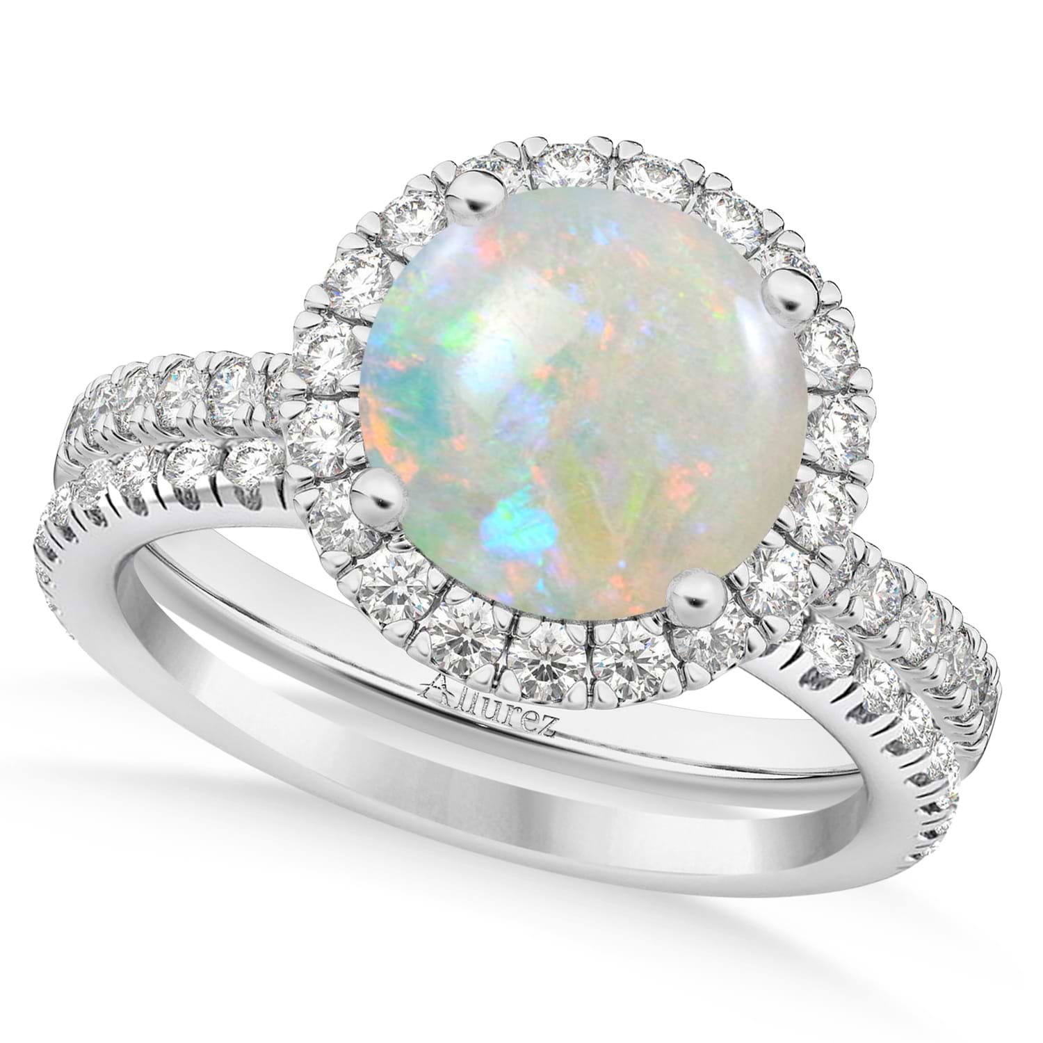 Opal & Diamond Round-Cut Halo Bridal Set Platinum (2.07ct)