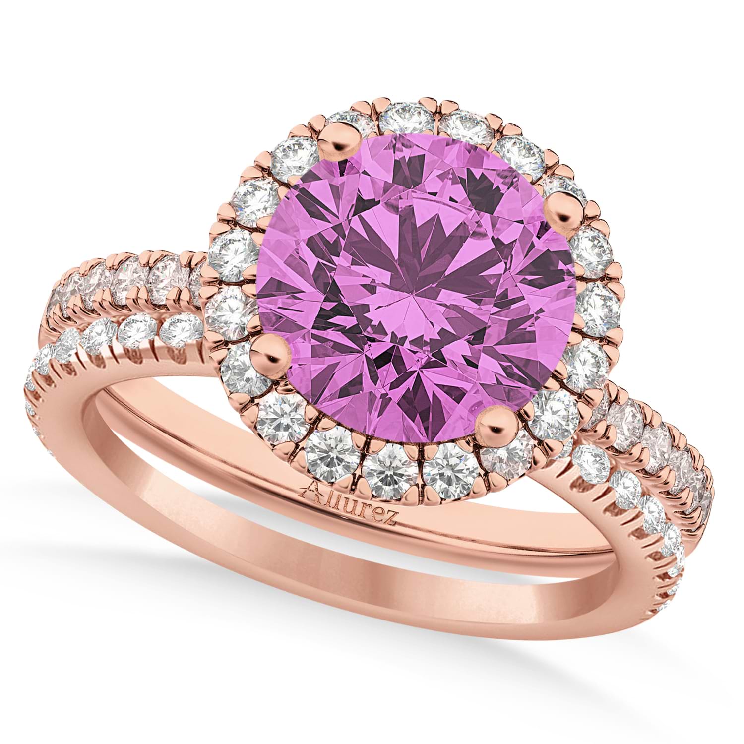 Pink Sapphire & Diamond Round-Cut Halo Bridal Set 14K Rose Gold (3.07ct)