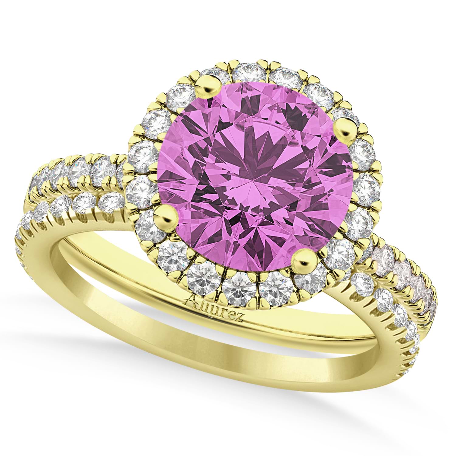 Pink Sapphire & Diamond Round-Cut Halo Bridal Set 14K Yellow Gold (3.07ct)