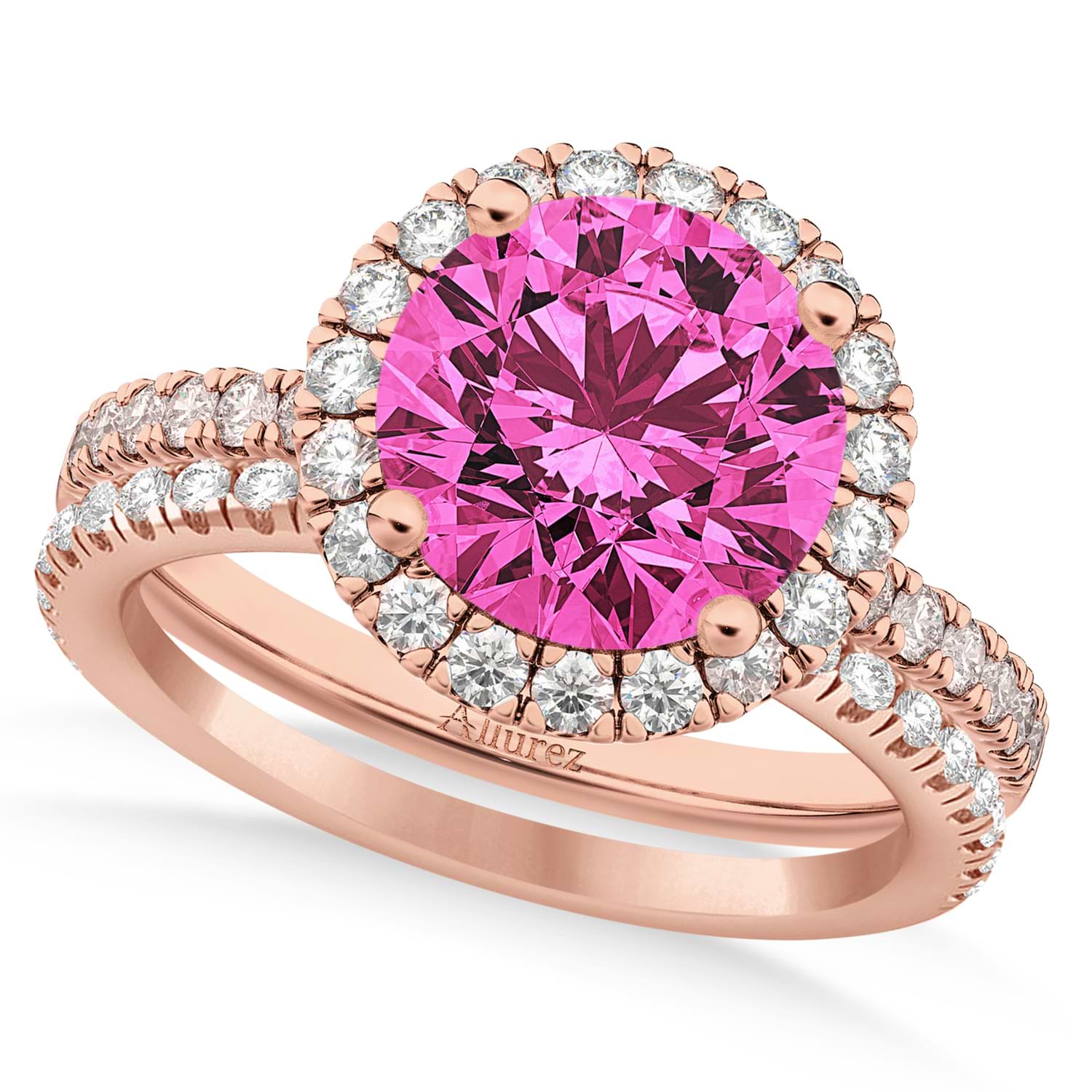Pink Tourmaline & Diamond Round-Cut Halo Bridal Set 18K Rose Gold (2.77ct)