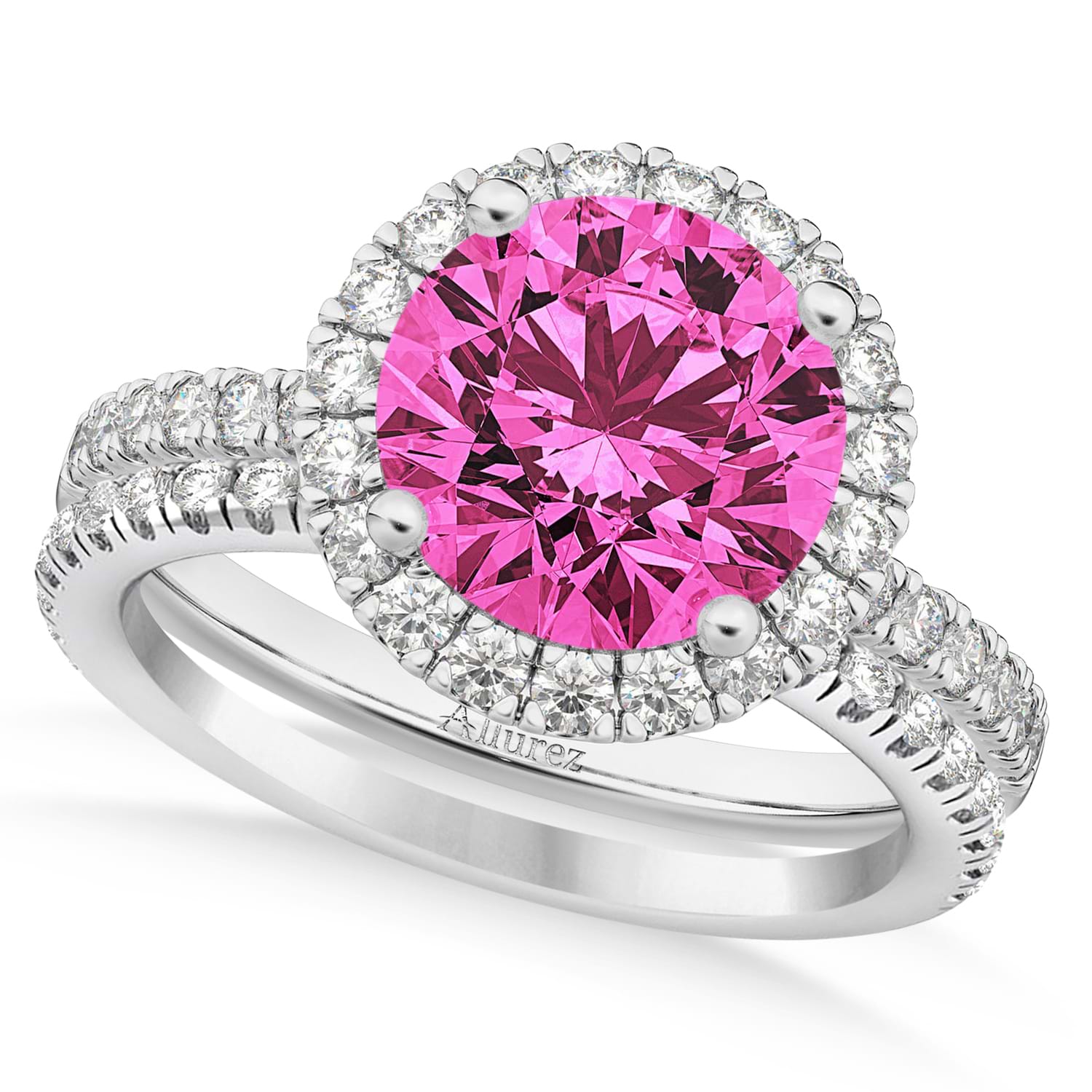 Pink Tourmaline & Diamond Round-Cut Halo Bridal Set Palladium (2.77ct)