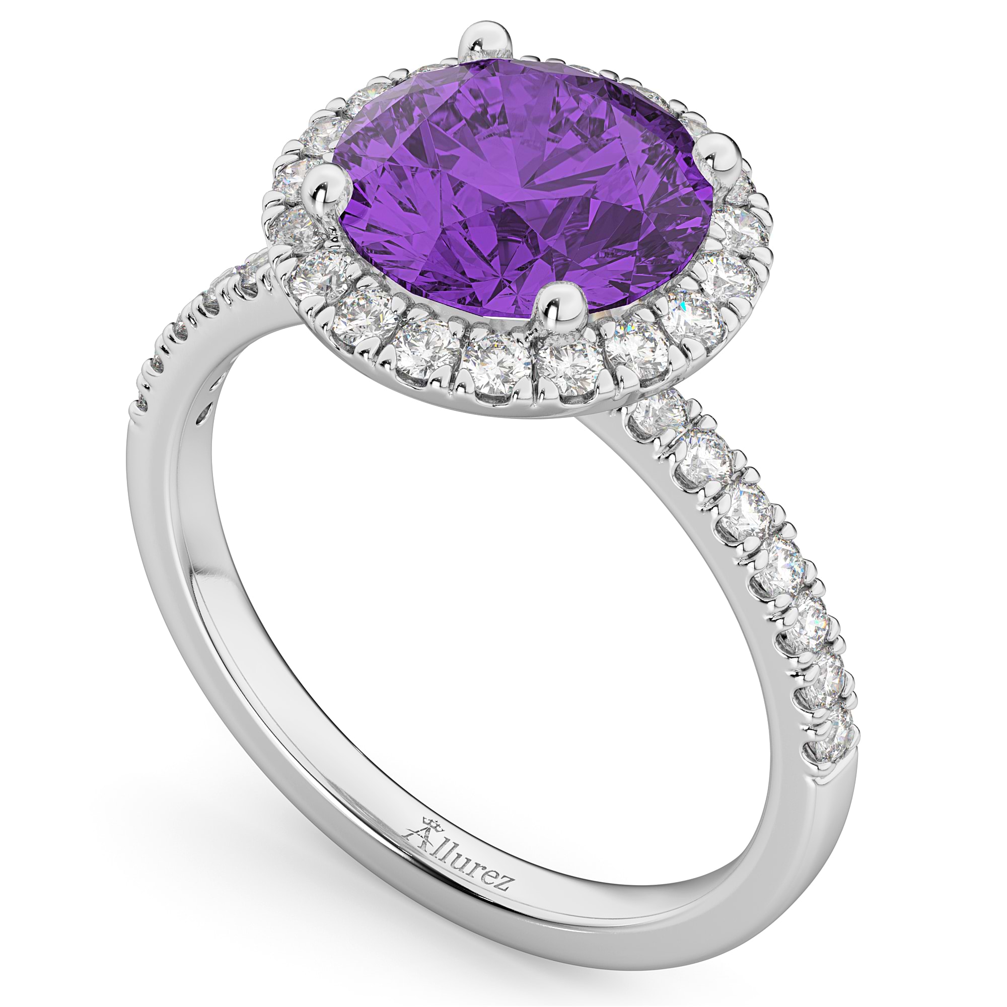 Halo Amethyst & Diamond Engagement Ring 14K White Gold 2.30ct