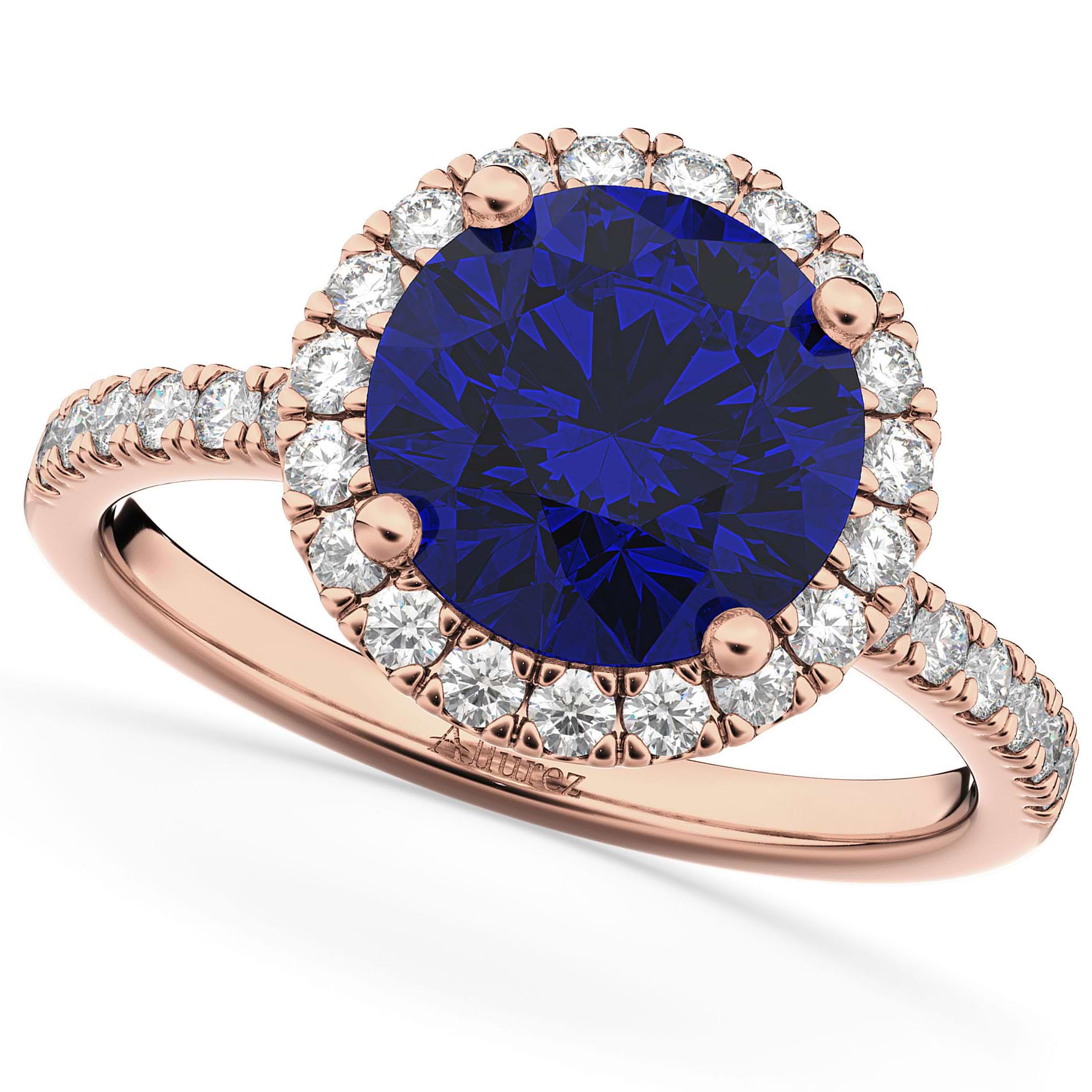 Halo Blue Sapphire & Diamond Engagement Ring 14K Rose Gold 2.80ct