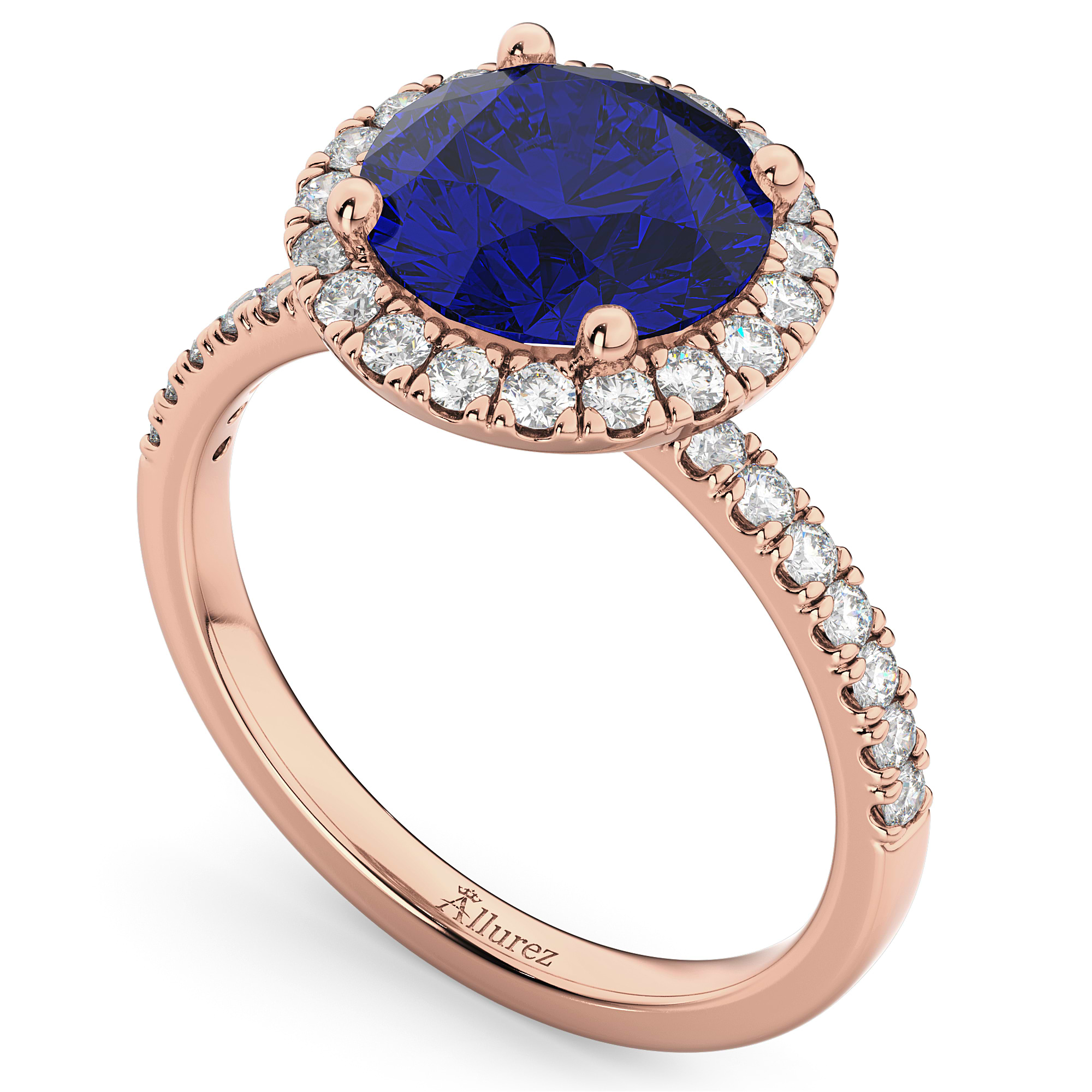 Halo Blue Sapphire & Diamond Engagement Ring 14K Rose Gold 2.80ct